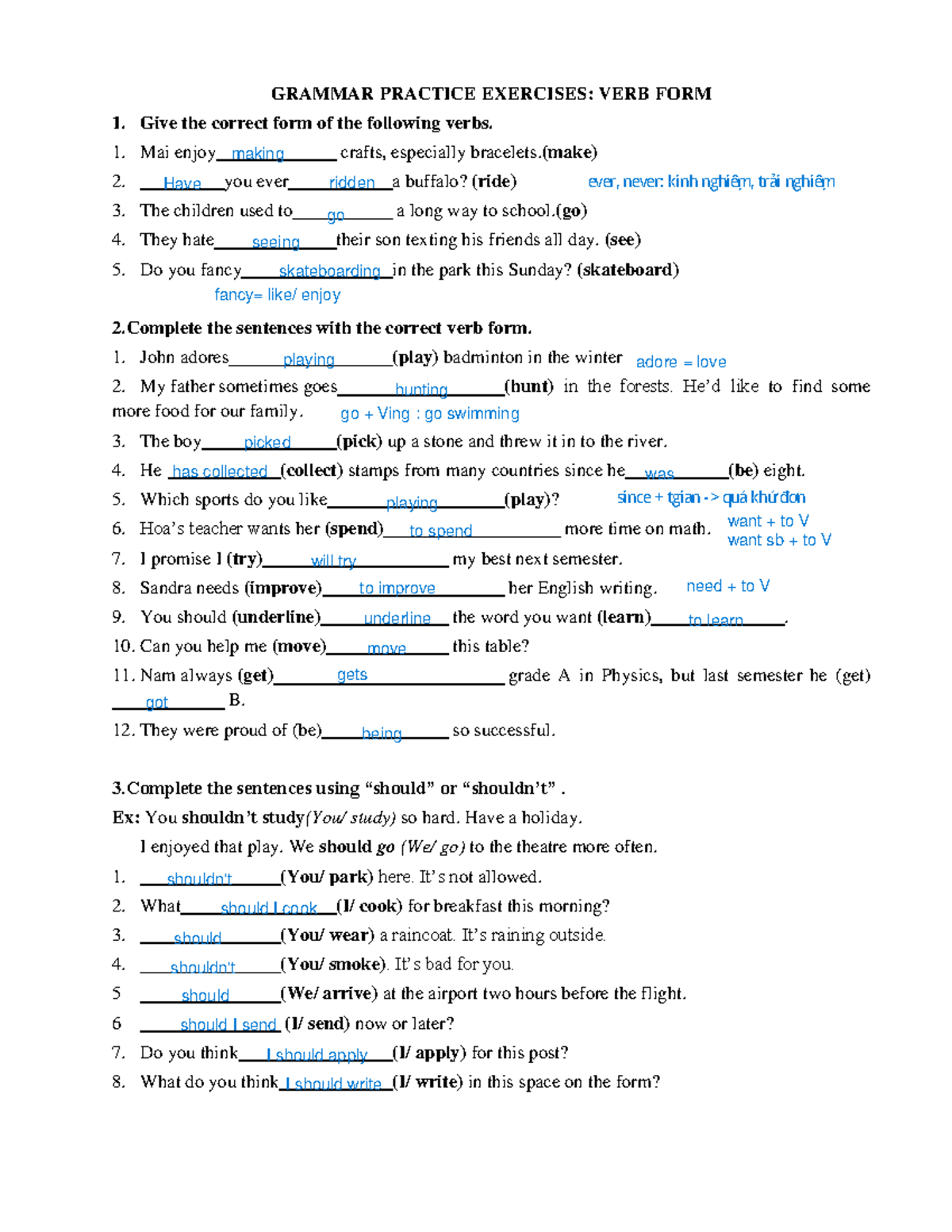 Grammar Practice Exercises: Verb Form - ENG101 - Midterm Review - Studocu