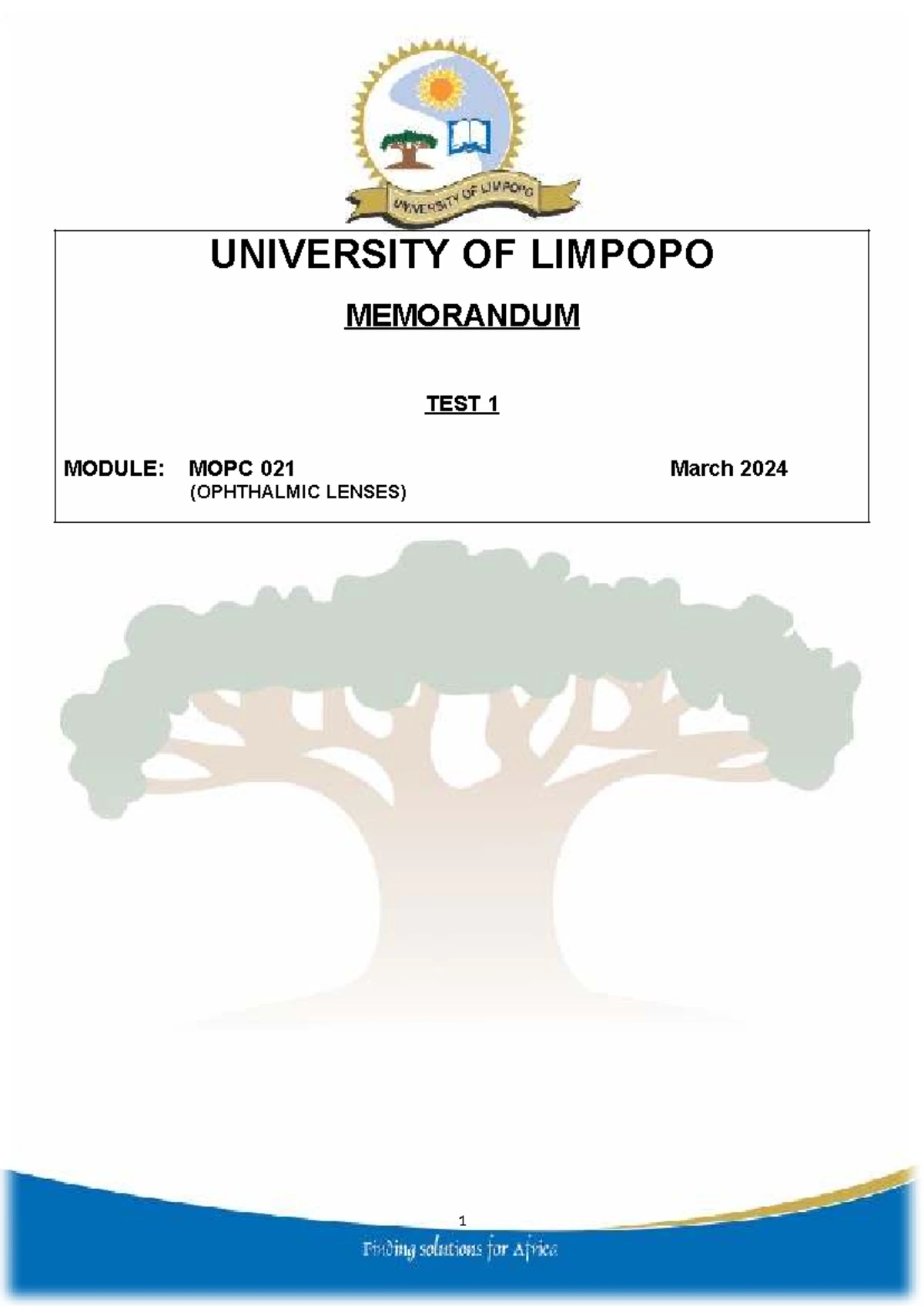 MOPC 021 Test 2 Memorandum: Ophthalmic Lenses Analysis - Studocu