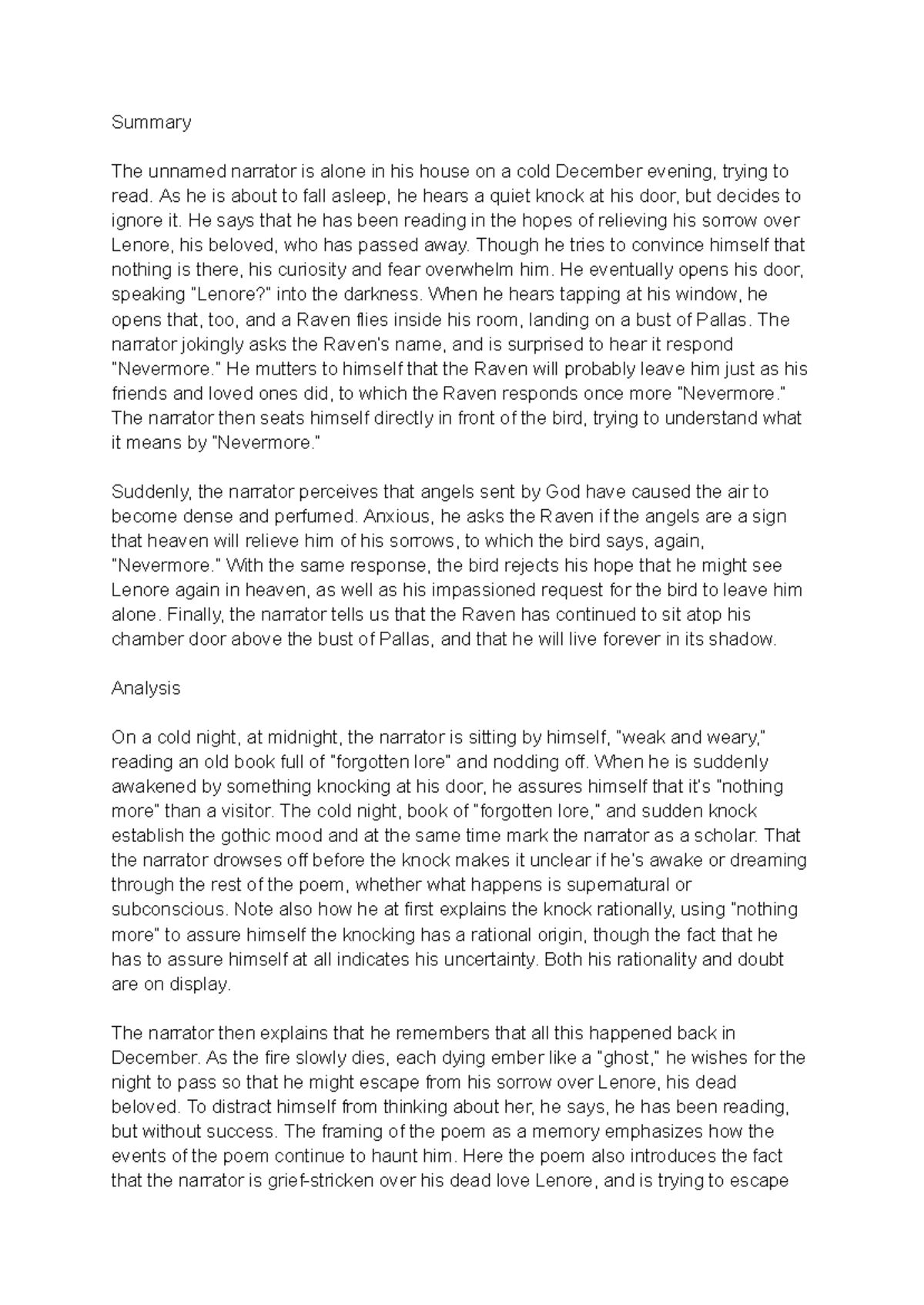 Analysis and Summary of Poe's "The Raven" - Literary Insights - Studocu