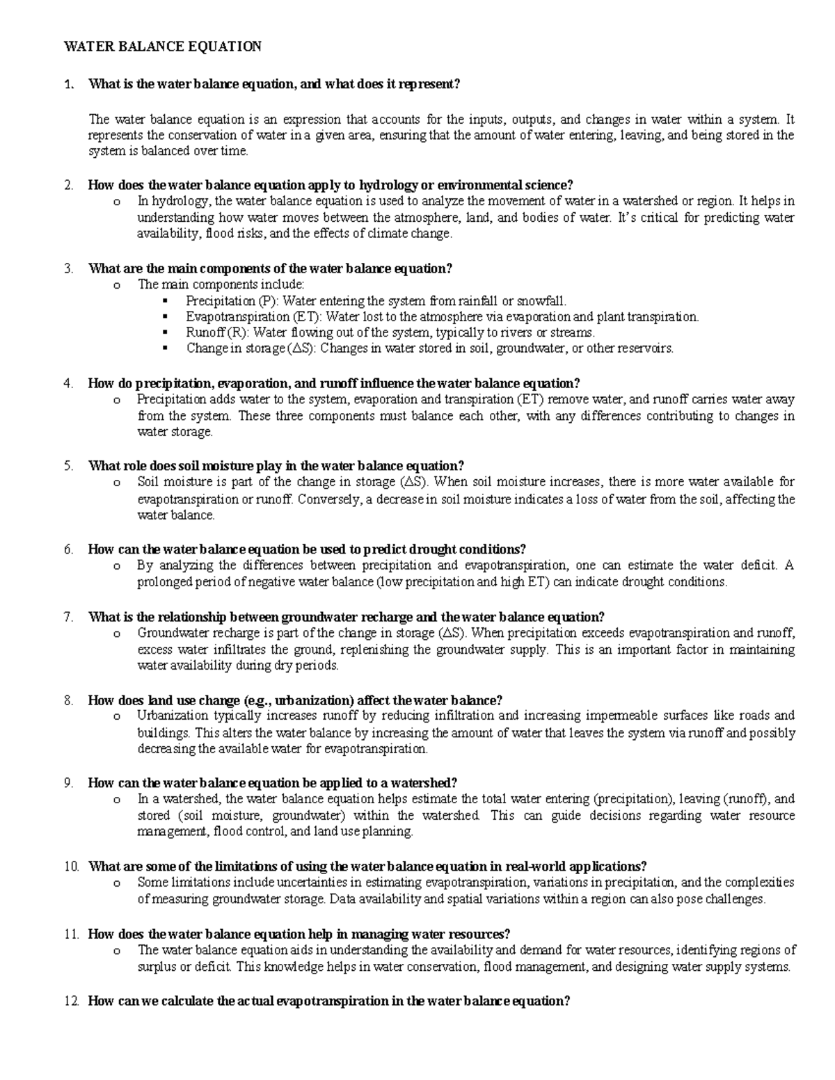 MATH122 - Final Exam Study Notes on Water Balance Equation - Studocu
