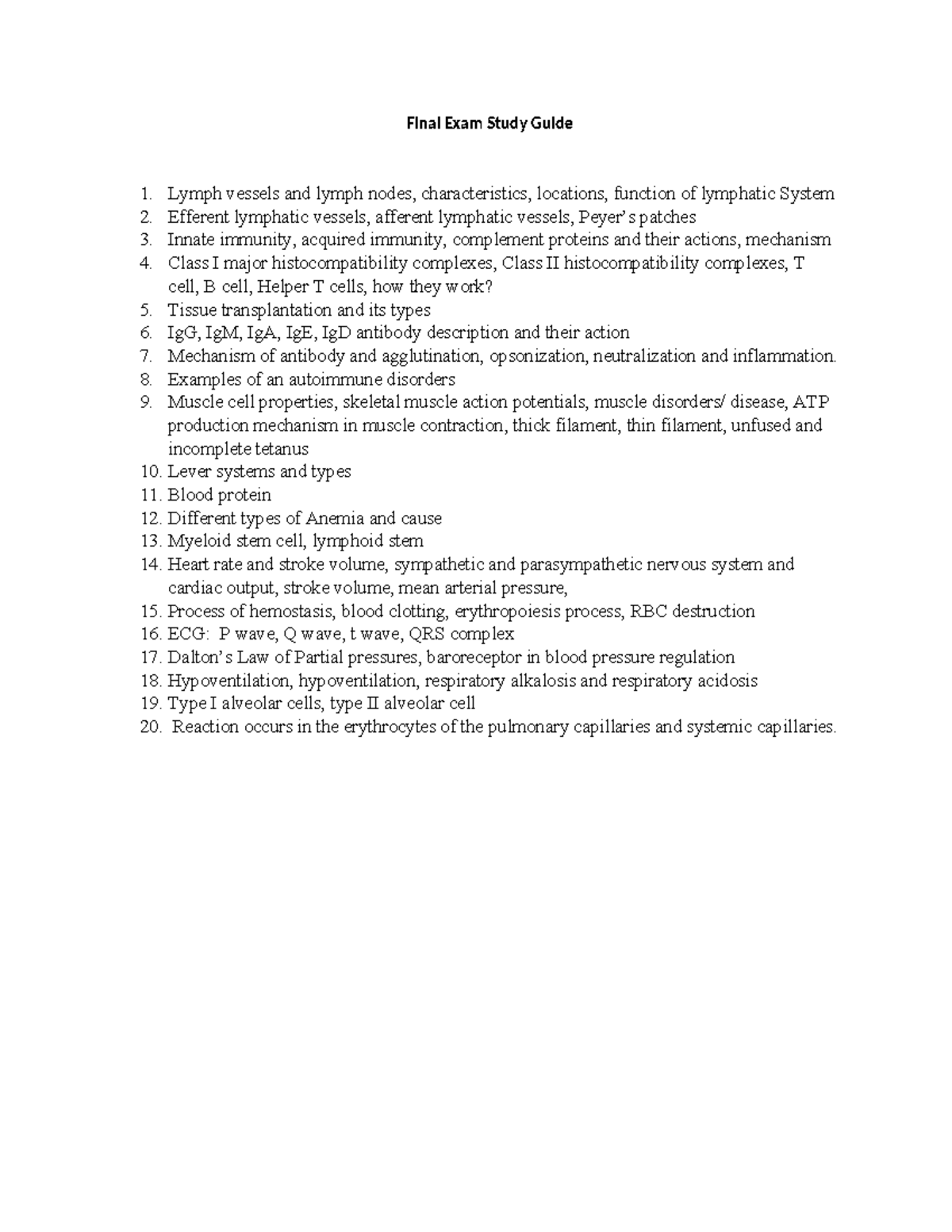 Final Exam Study Guide: Lymphatic & Muscle Anatomy Systems (BIO 101 ...