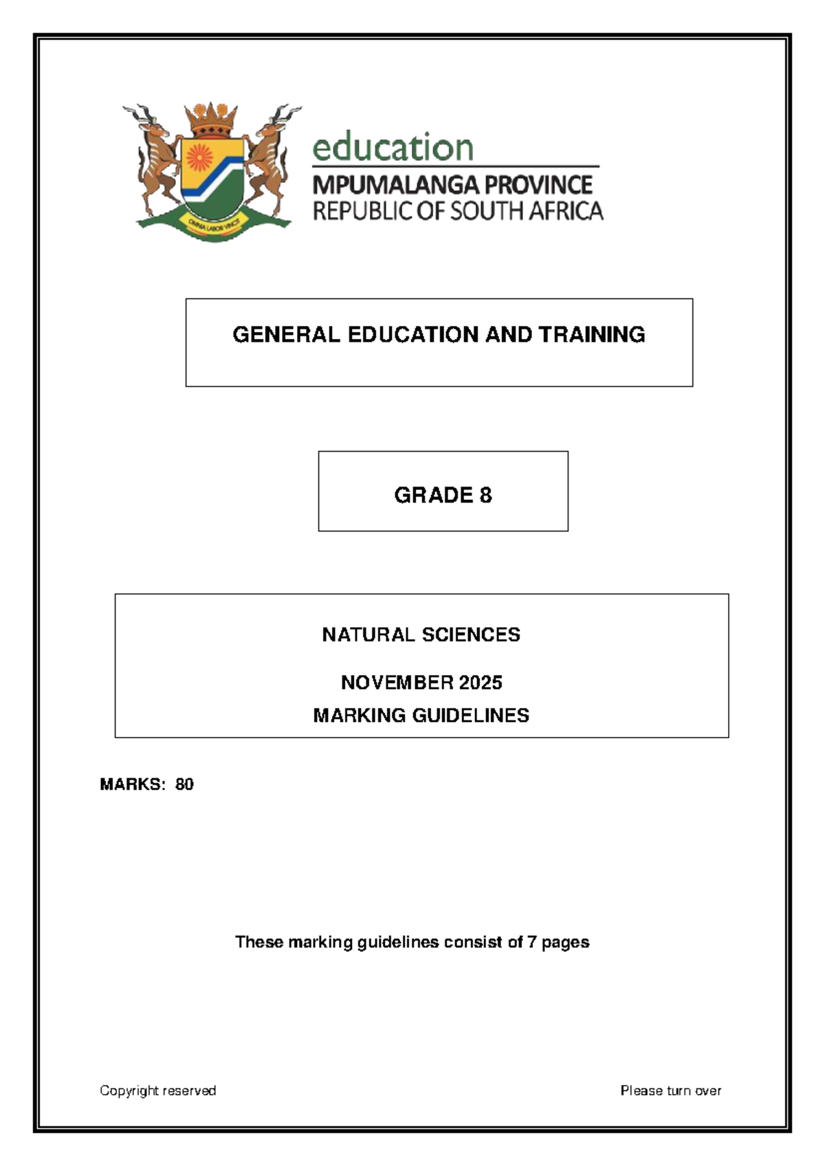 NS GR 8 Natural Sciences Marking Guidelines Nov 2025 - Studocu