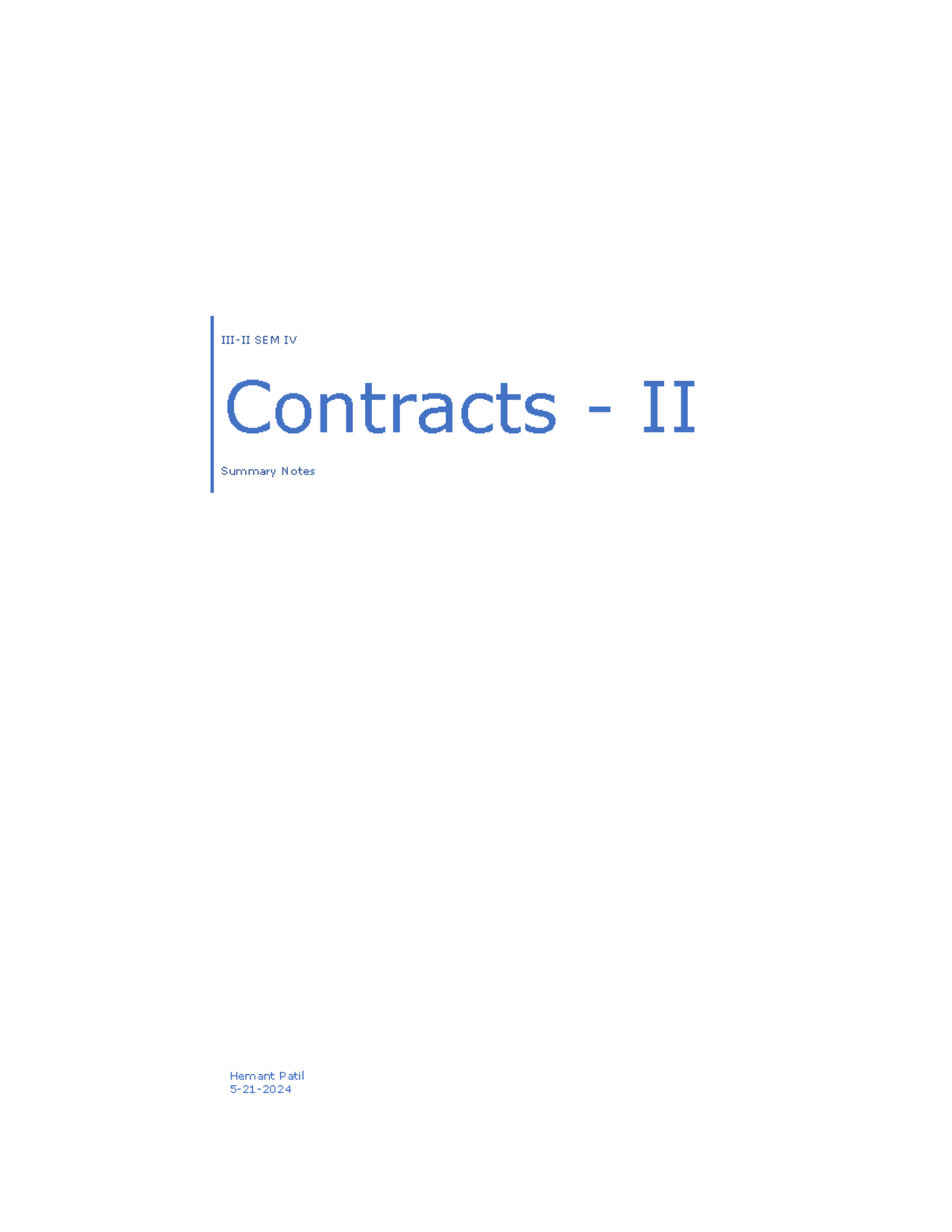 SEM IV Contracts II Summary Notes - Key Concepts and Legal Principles ...