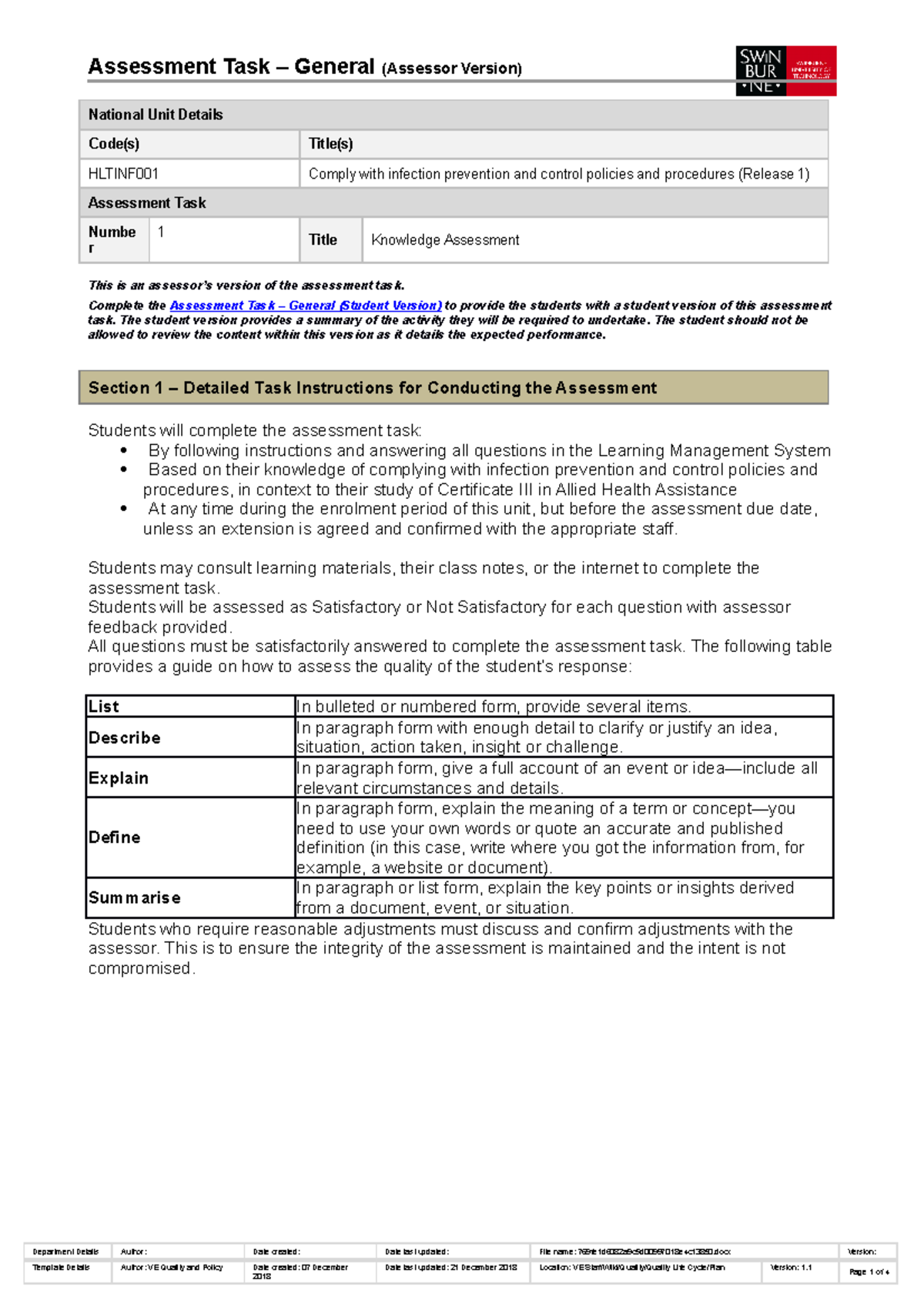 HLTINF001 Knowledge Assessment Task 1 (Assessor Version) V1 - Studocu