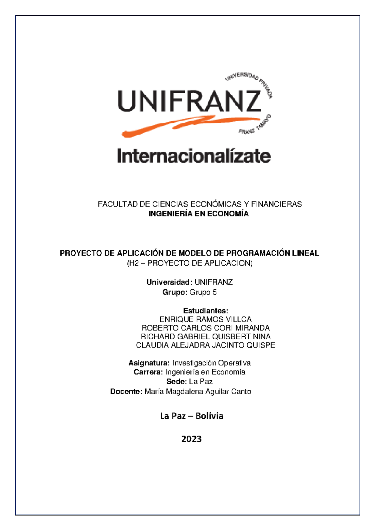 Proyecto de Aplicación en Investigación Operativa - Ingeniería en Economía - Document Preview