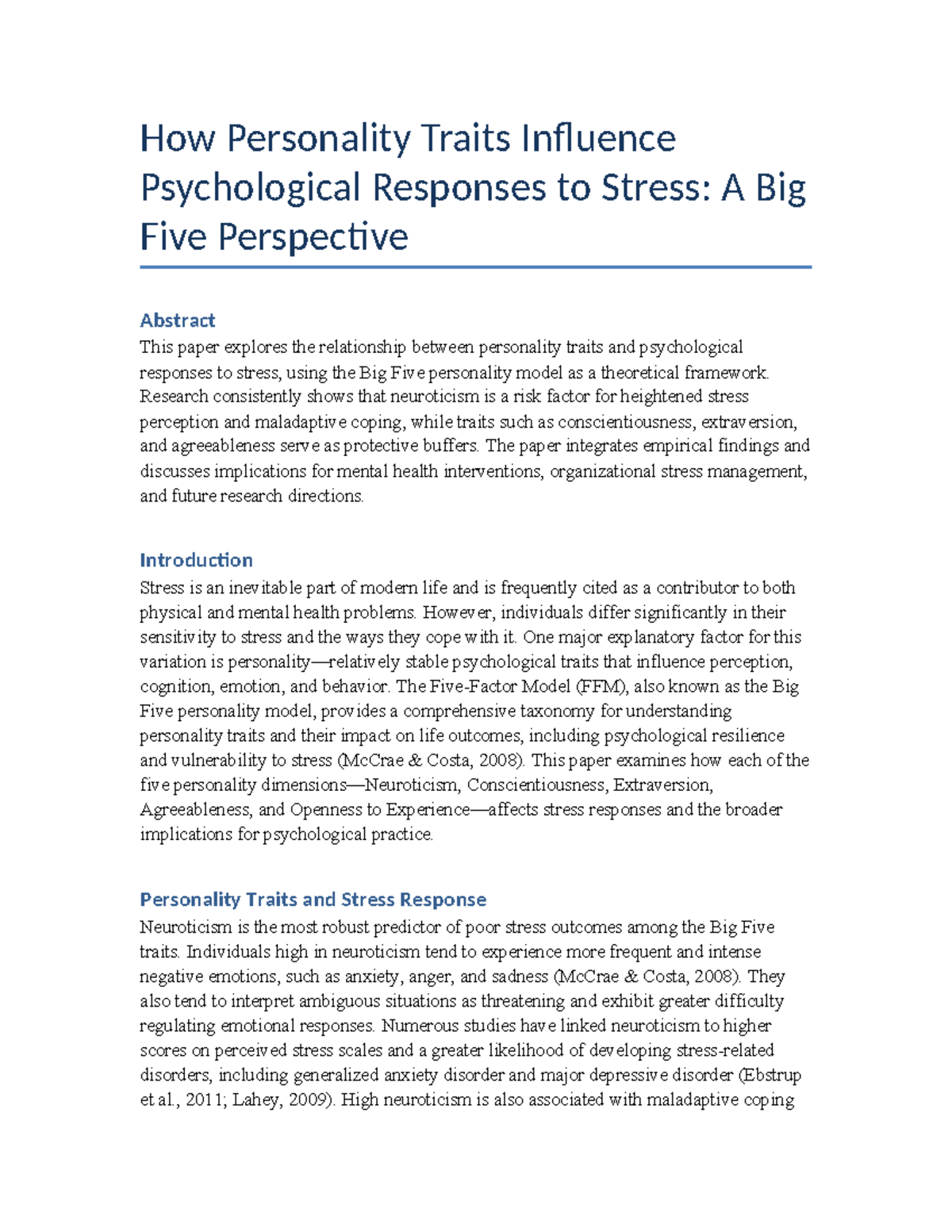 PSY 301: Personality Traits and Stress Responses - A Big Five Analysis ...