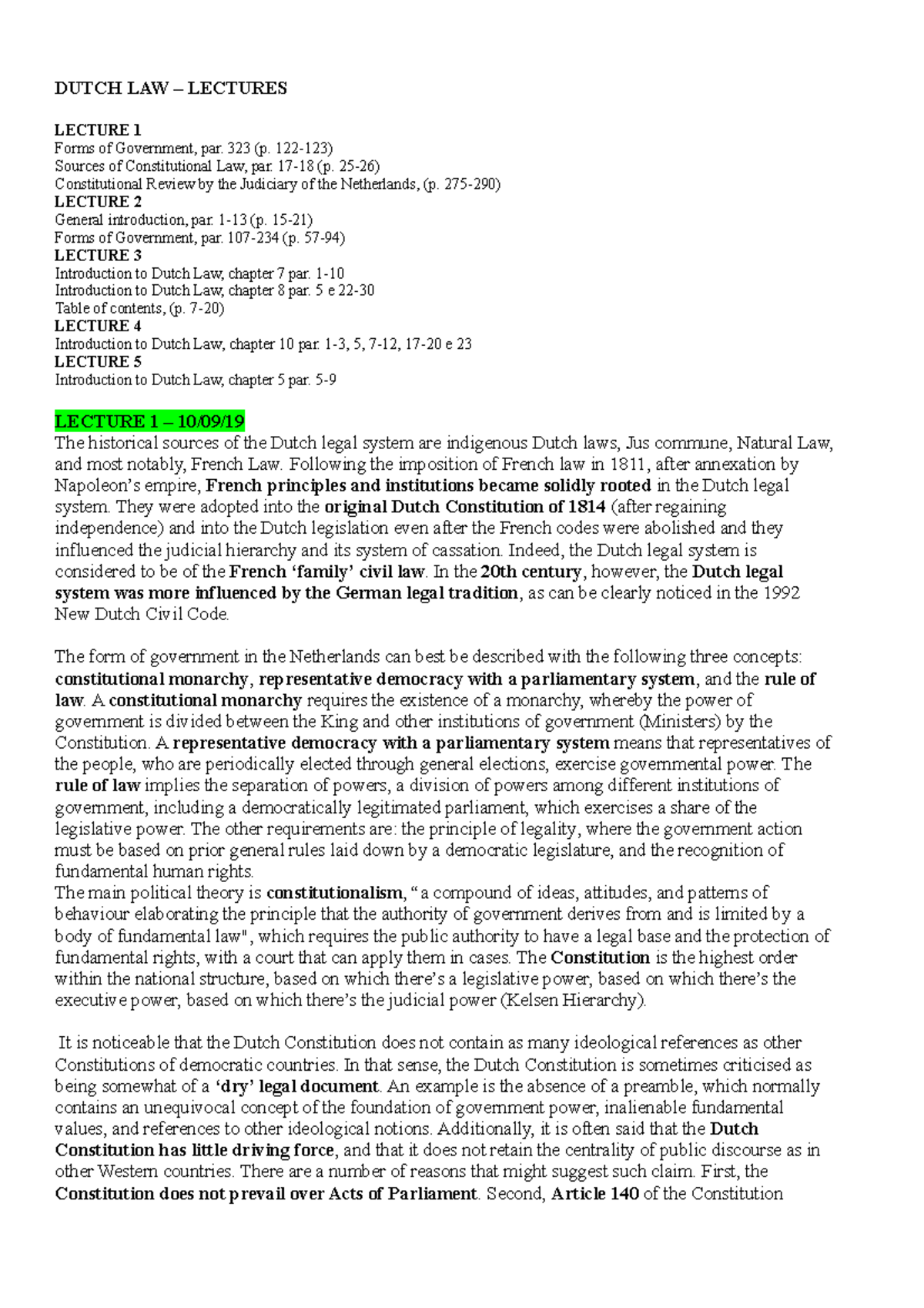 Dutch Law - Lecture Notes Summary (Course Code: LAW101) - Studeersnel
