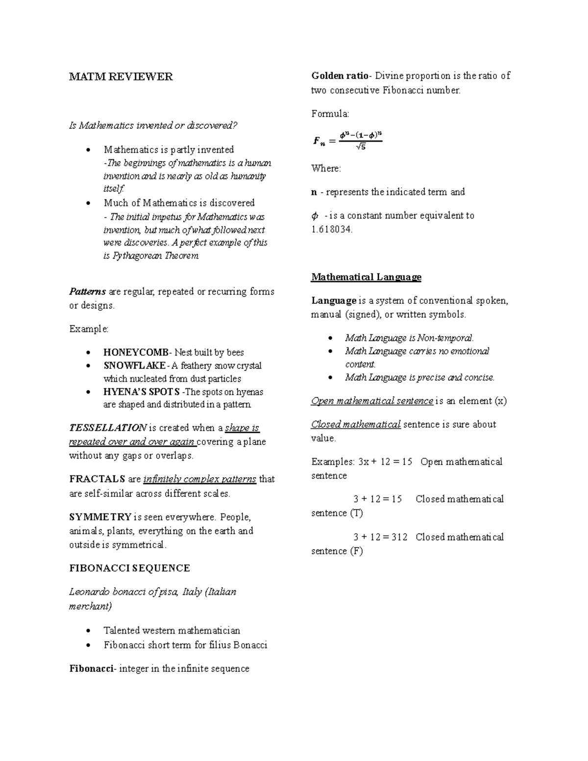 MATM- Reviewer - MATM REVIEWER Is Mathematics invented or discovered ...