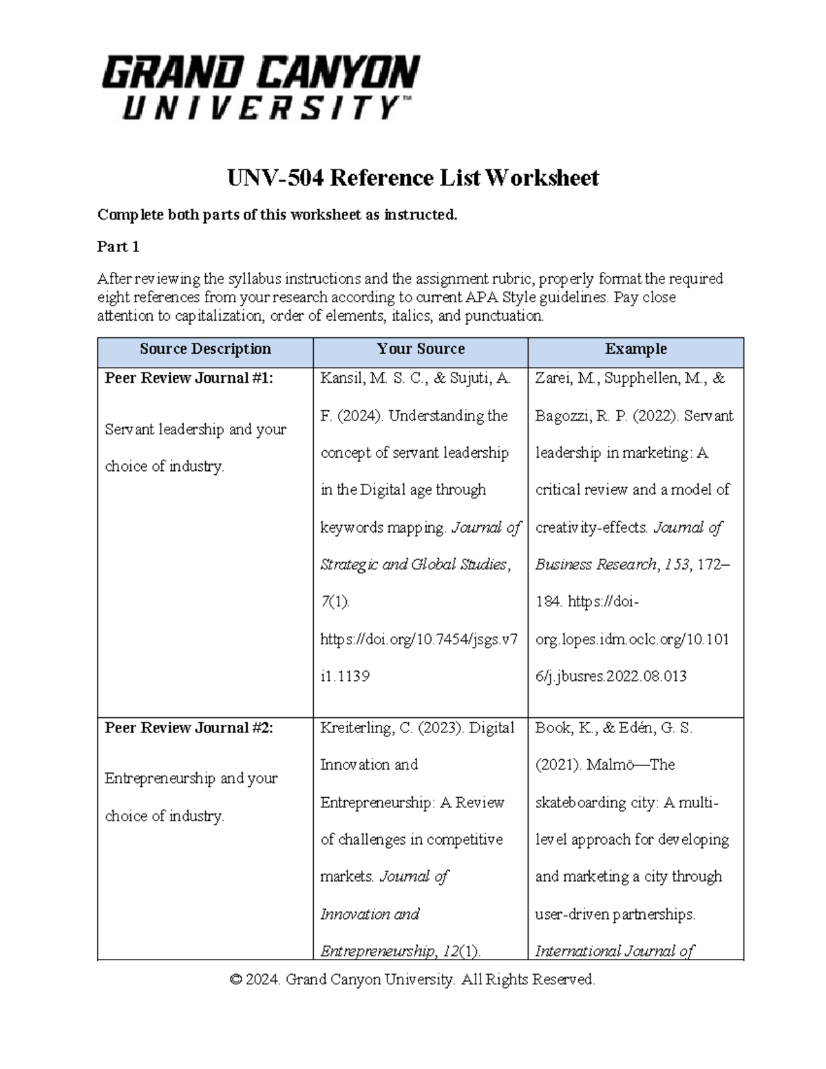 Reference List - Part 1 After reviewing the syllabus instructions and ...