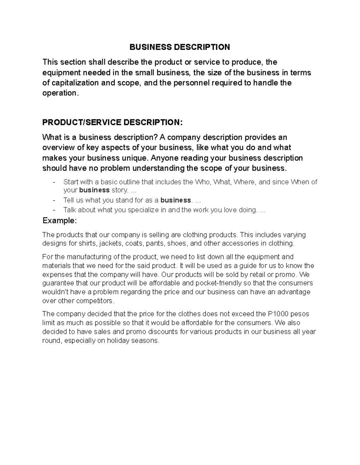 Business Description Template for SMEs: Products and Equipment Overview ...
