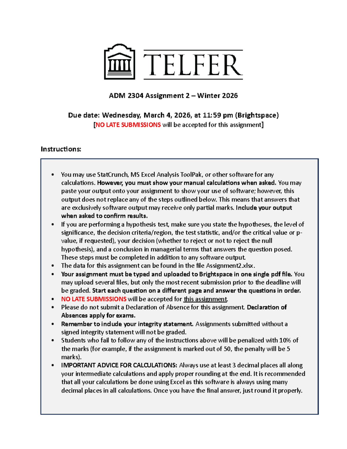 ADM 2304 Assignment 2: Statistical Analysis & Hypothesis Testing W26-2 ...