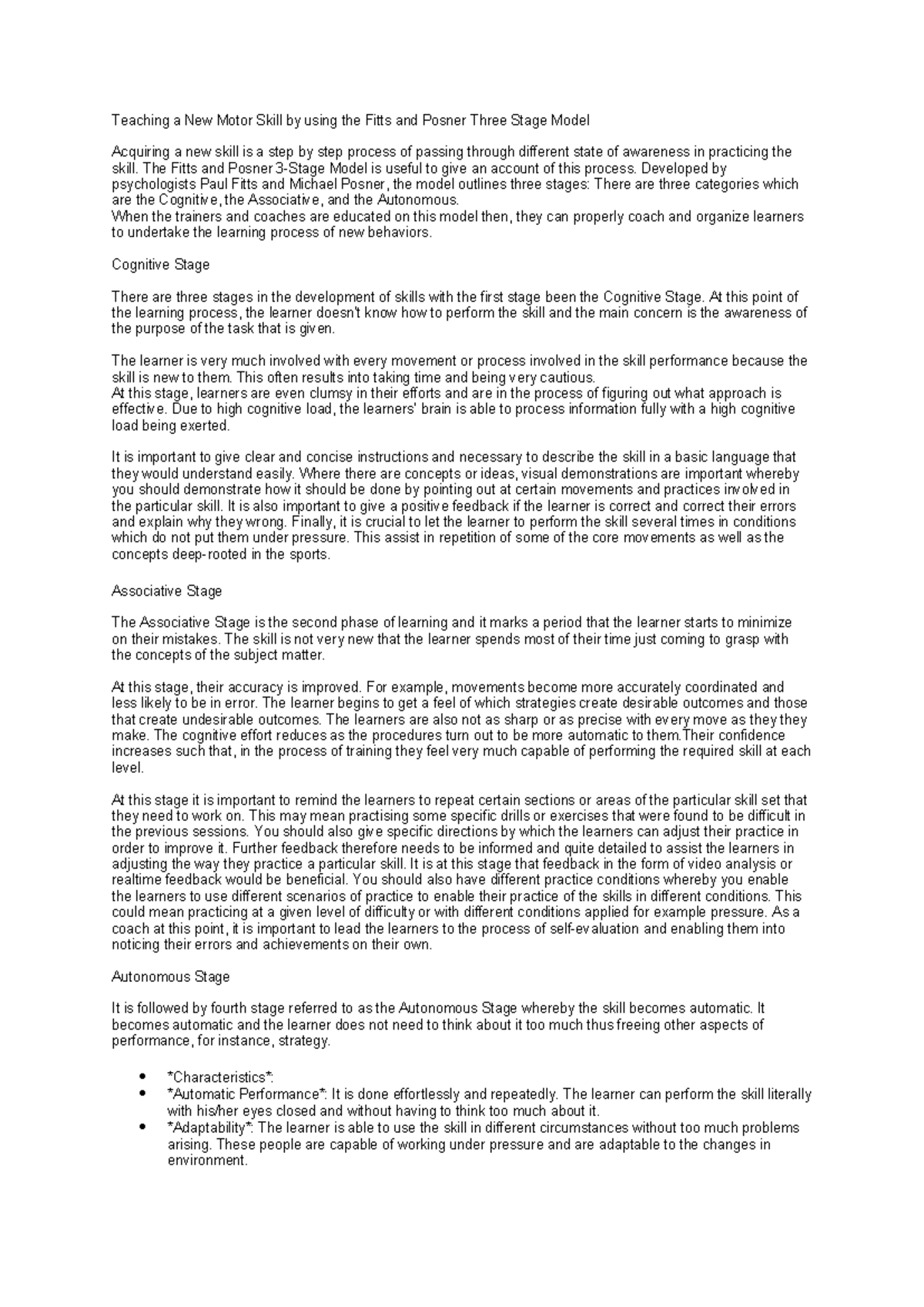 Fitts & Posner: Three Stage Model of Motor Skill Acquisition - Studocu