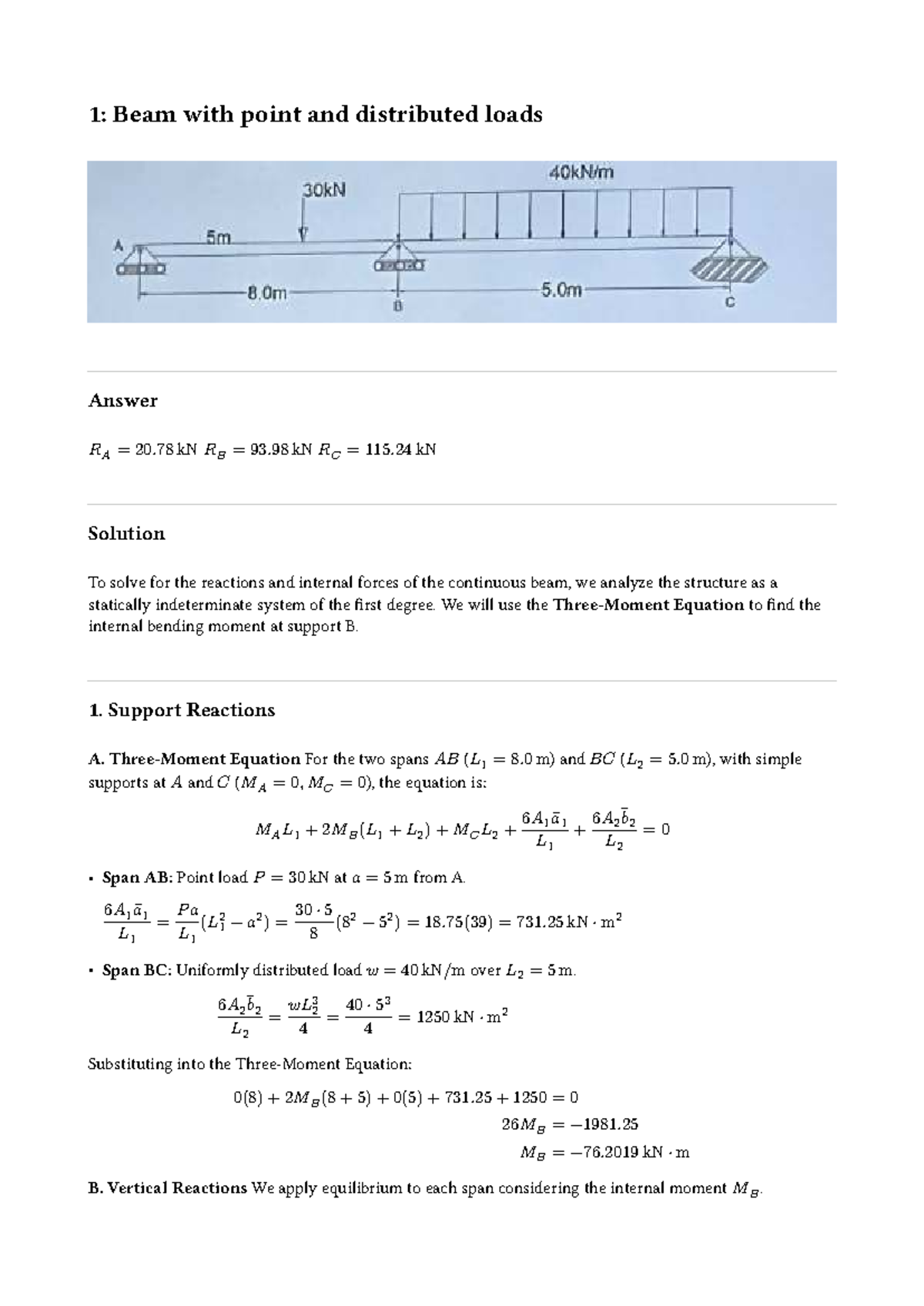 1: Beam Analysis with Point & Distributed Loads - Solution & Diagrams ...