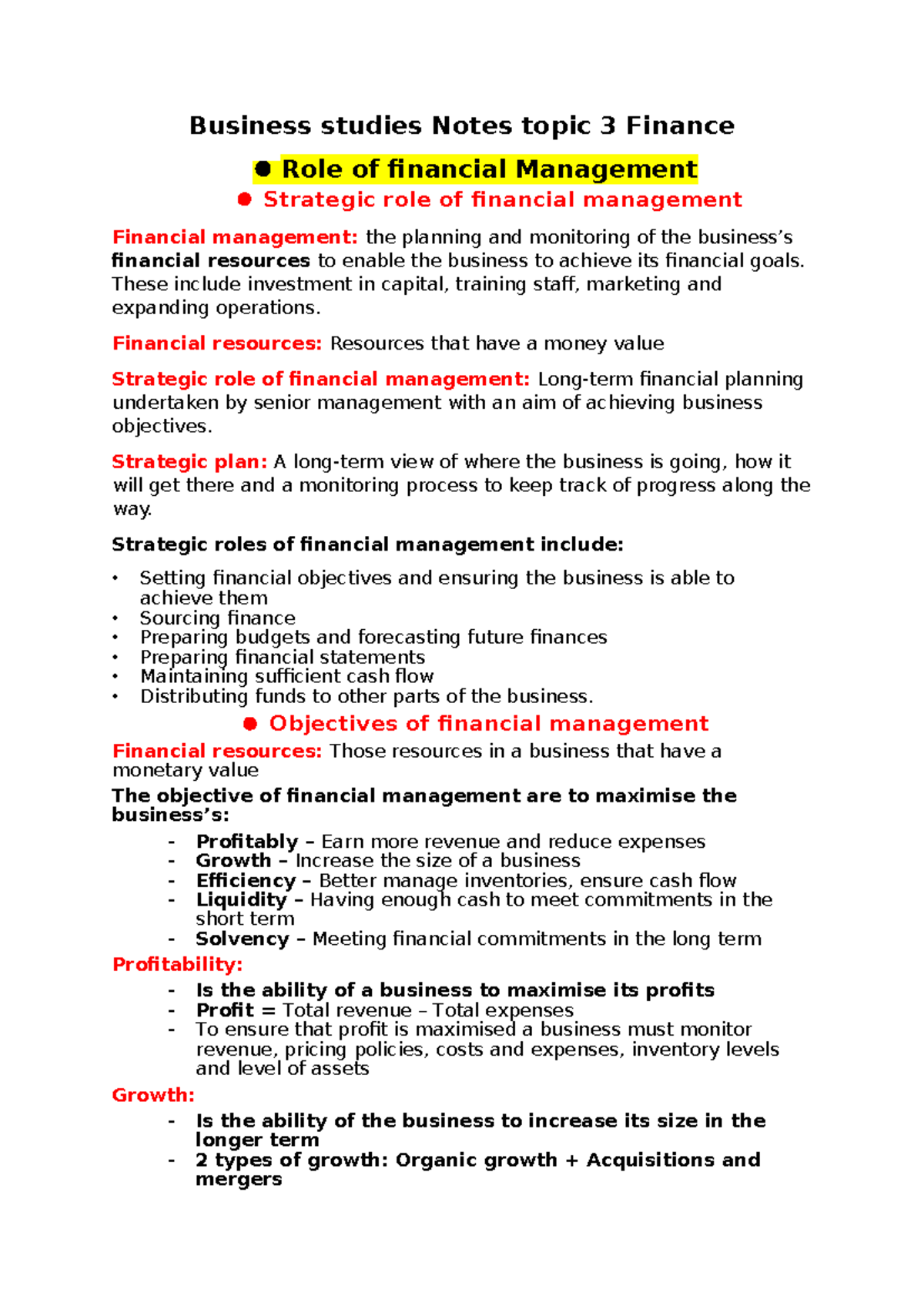 Business Studies Notes: Topic 3 - Finance & Financial Management - Studocu