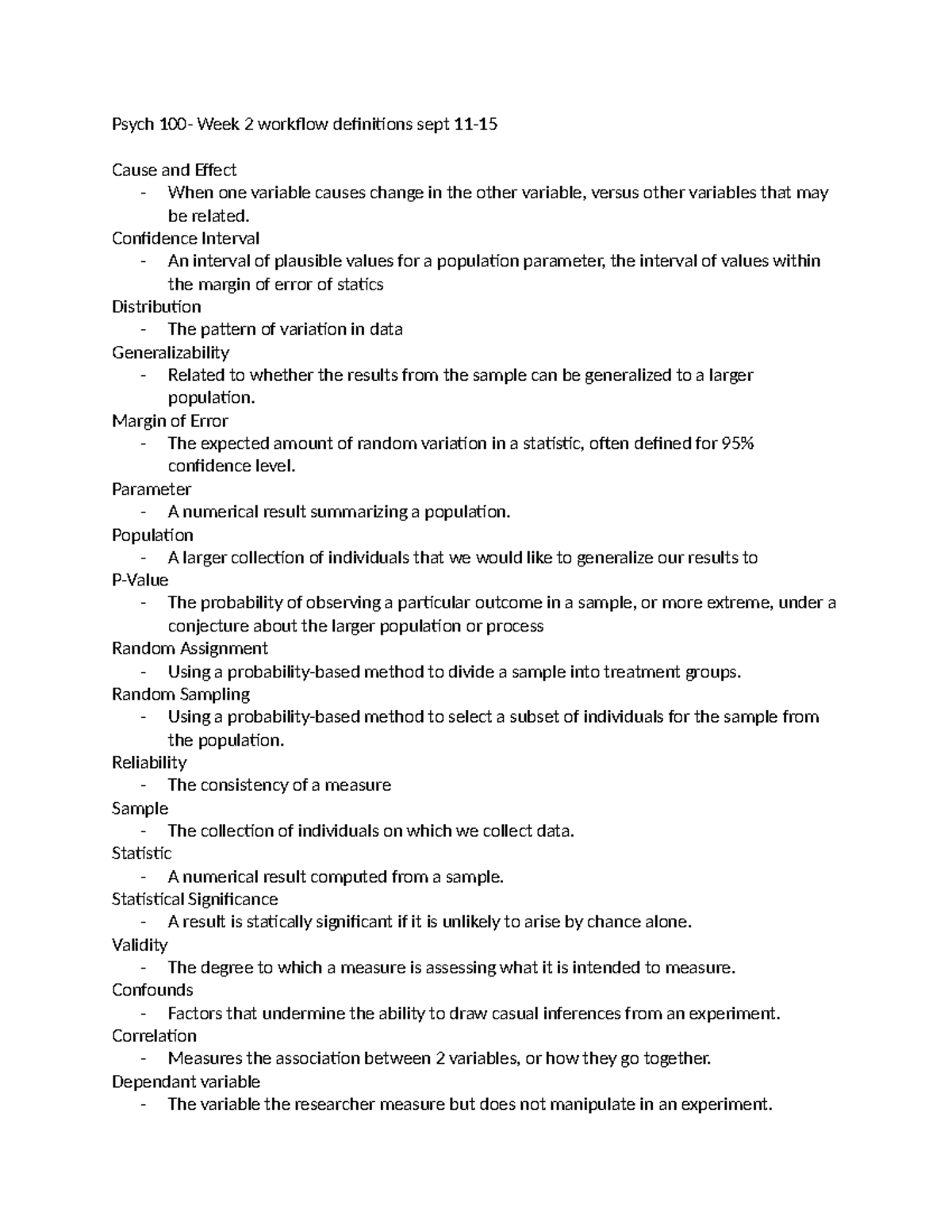 Psych 100 - Week 2: Key Concepts and Definitions - Studocu
