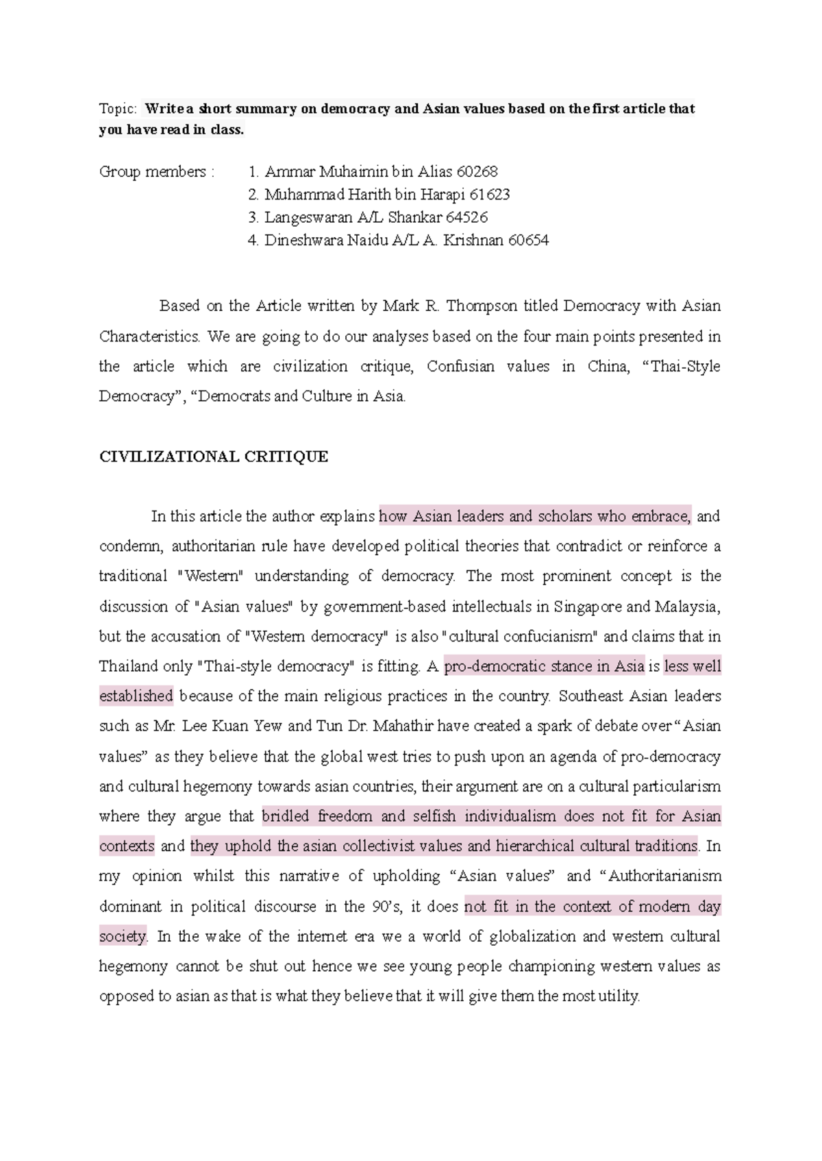 Democracy and Asian Values: Article Review Analysis - Studocu