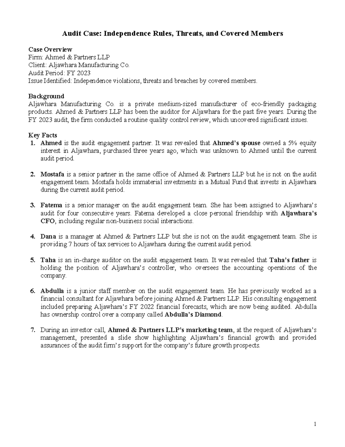 ACC231 - Audit Case Study: Independence Violations & Threats - Studocu