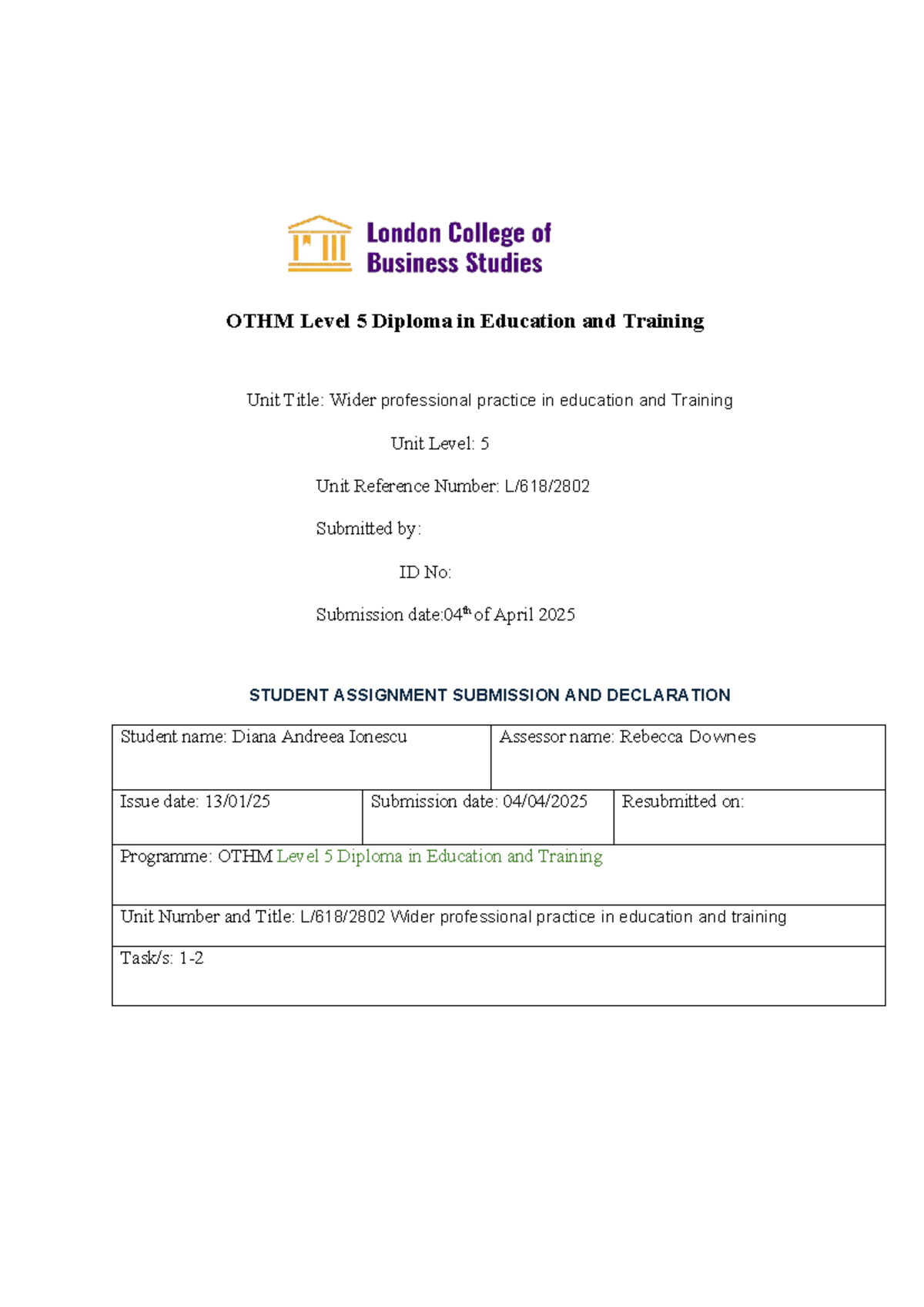 503 Wider Professional Practice in Education and Training: Assignment ...