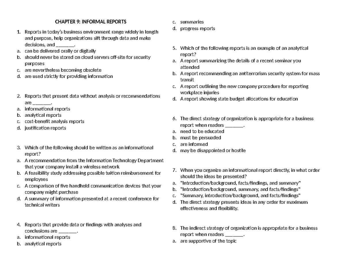 CHAPTER 9: INFORMAL REPORTS - Multiple Choice Questions - Studocu
