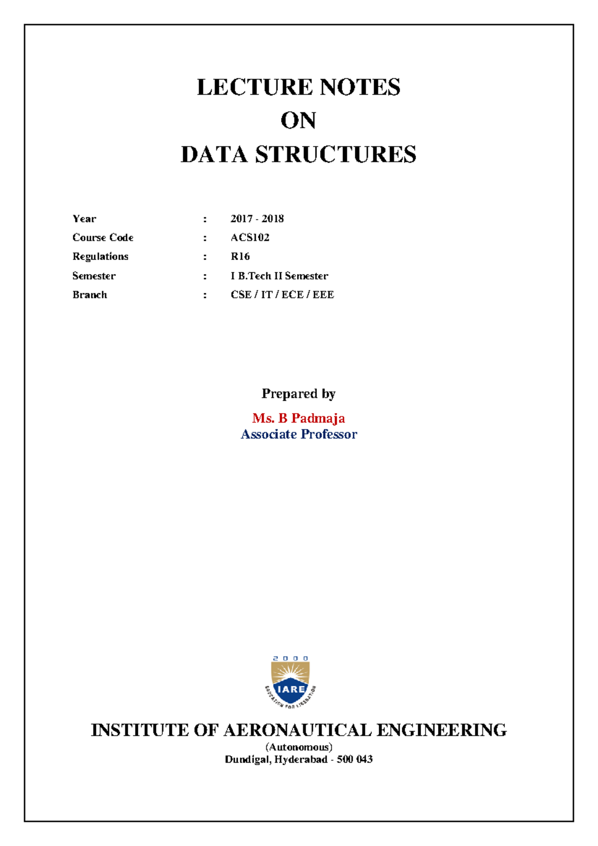 IARE ACS002 Data Structures Lecture Notes - Study Material (2017-2018 ...
