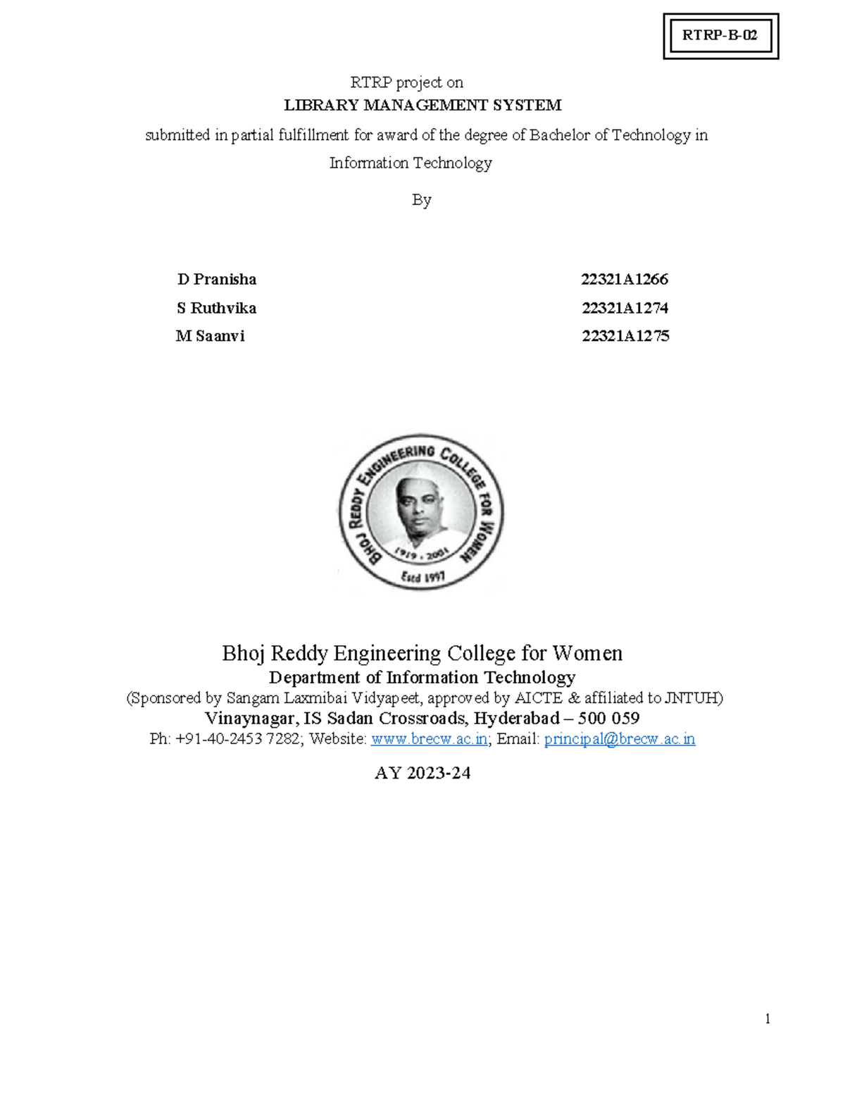Library Management System Project Report (RTRP-B-02) for B.Tech IT ...