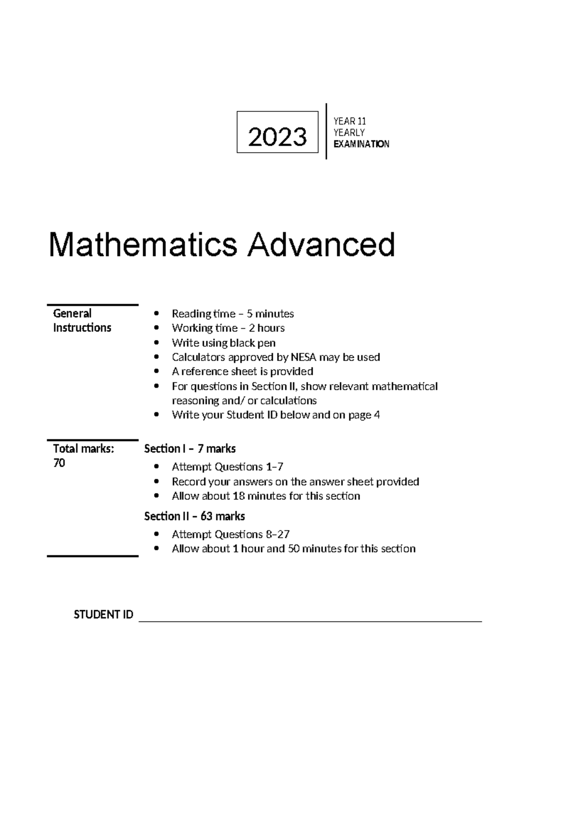 2023 Year 11 Mathematics Advanced Yearly Exam Instructions & Questions ...