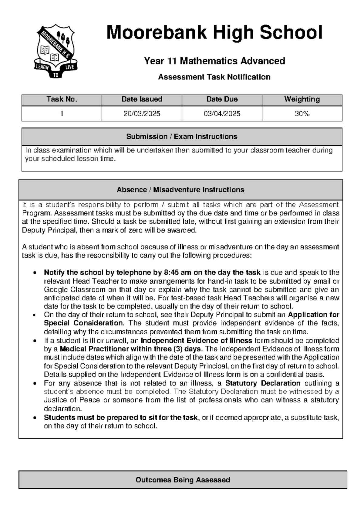 Year 11 Mathematics Advanced Notification - Moorebank High School Year ...