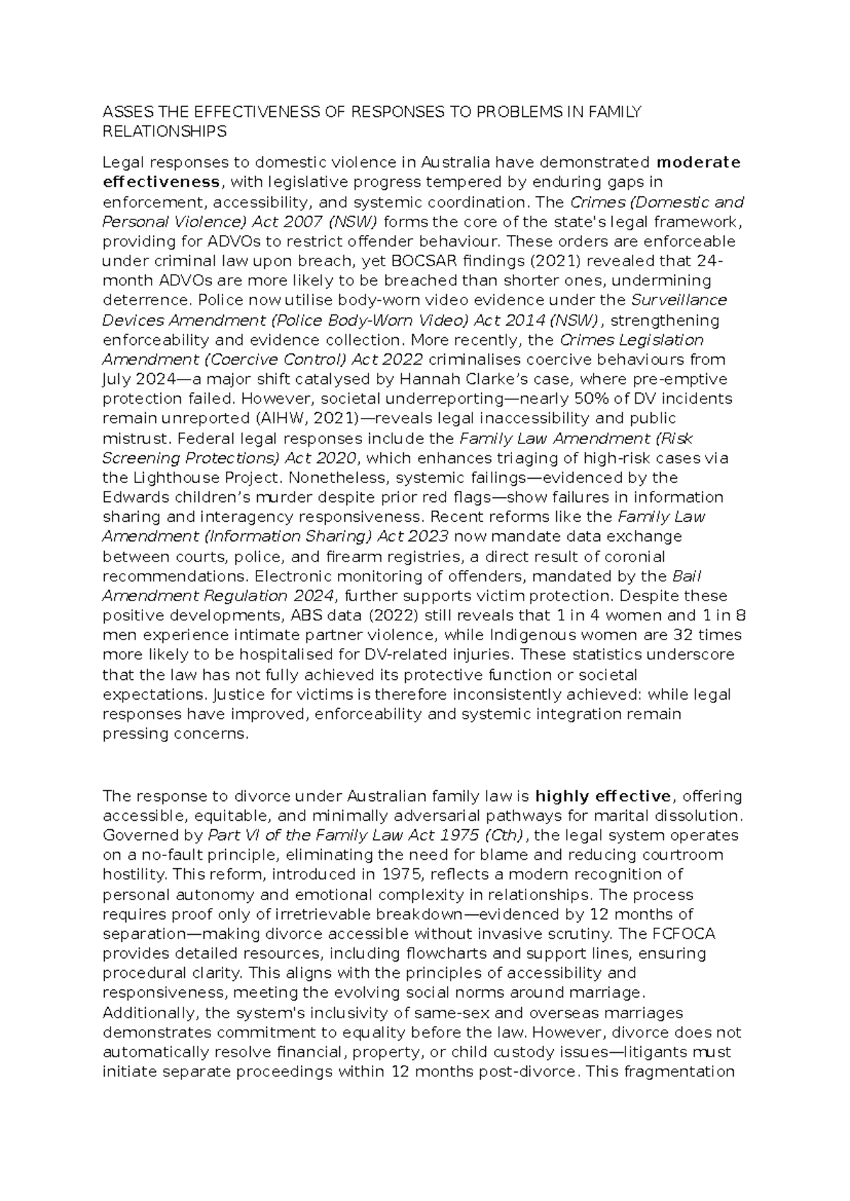 Assessing Legal Responses to Family Relationship Issues Effectiveness