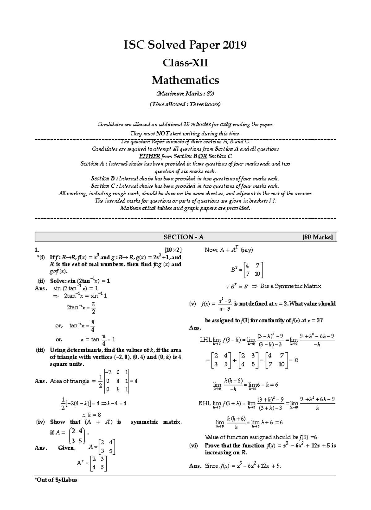 ISC Mathematics Solved Paper 2019 (Max Marks: 80) - Studocu