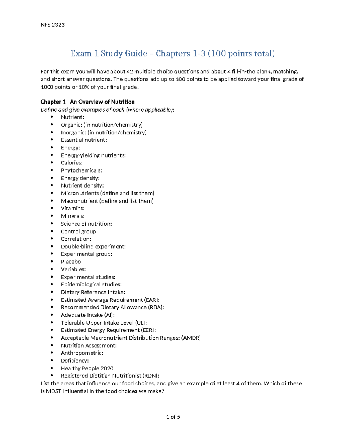 NFS 2323 Exam 1 Study Guide: Nutrition Overview & Key Concepts (Ch. 1-3 ...