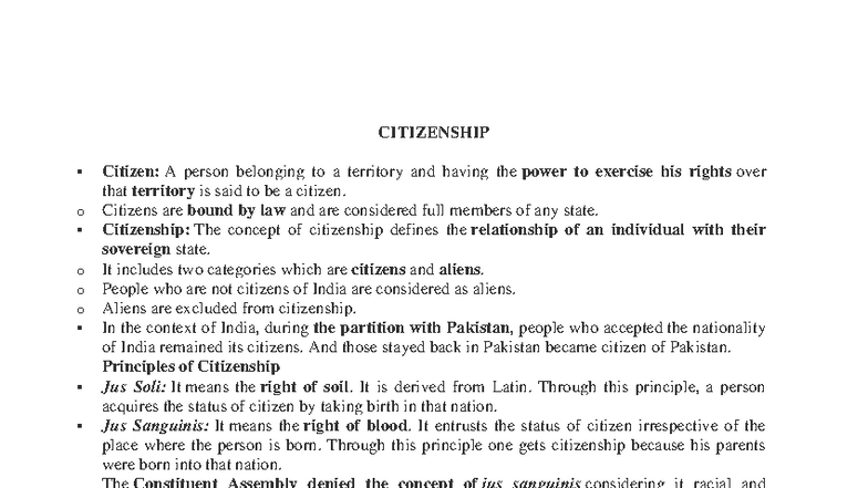CIT 101: Understanding Citizenship in India - Key Concepts & Laws - Studocu