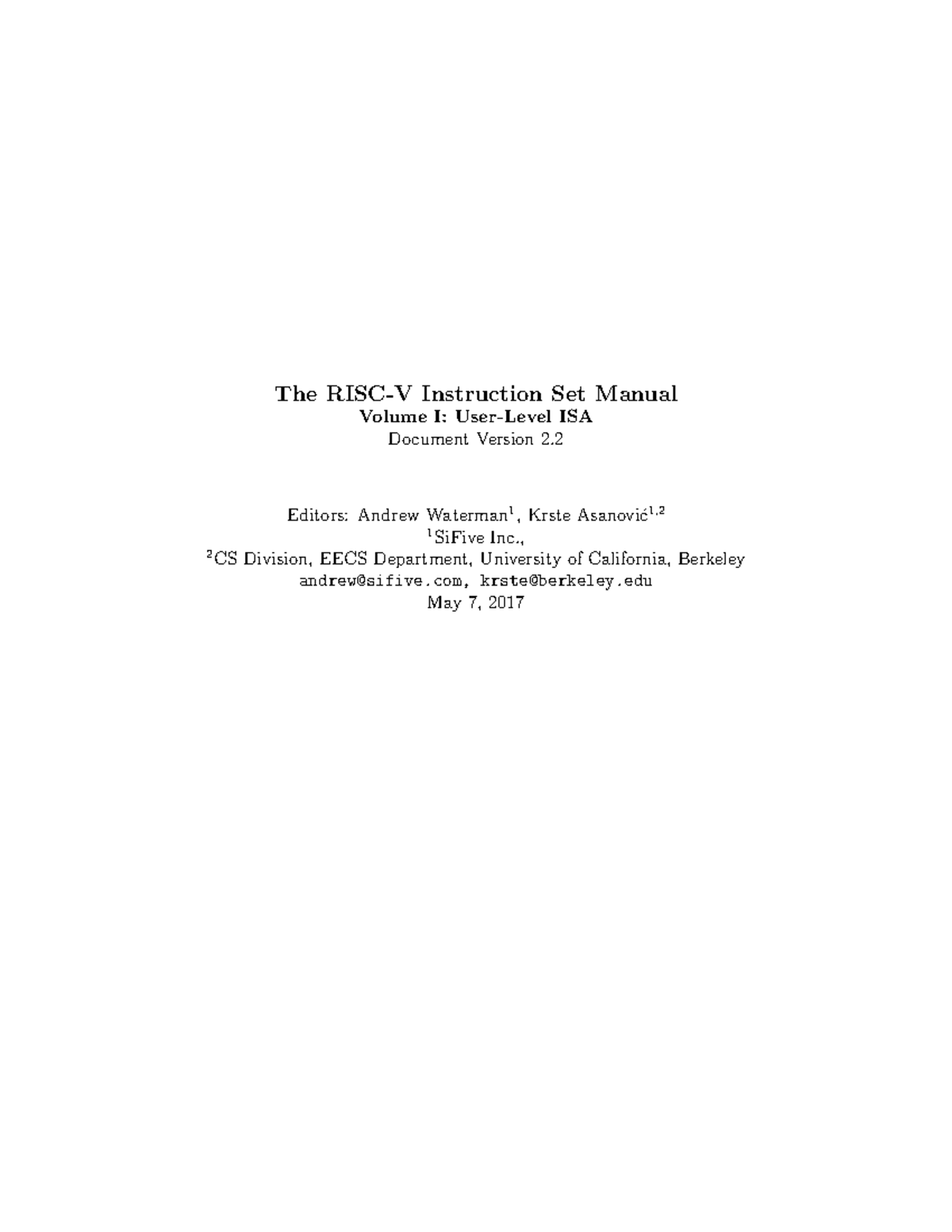 RISC-V Instruction Set Architecture (ISA) Specification V2.2 - Studocu
