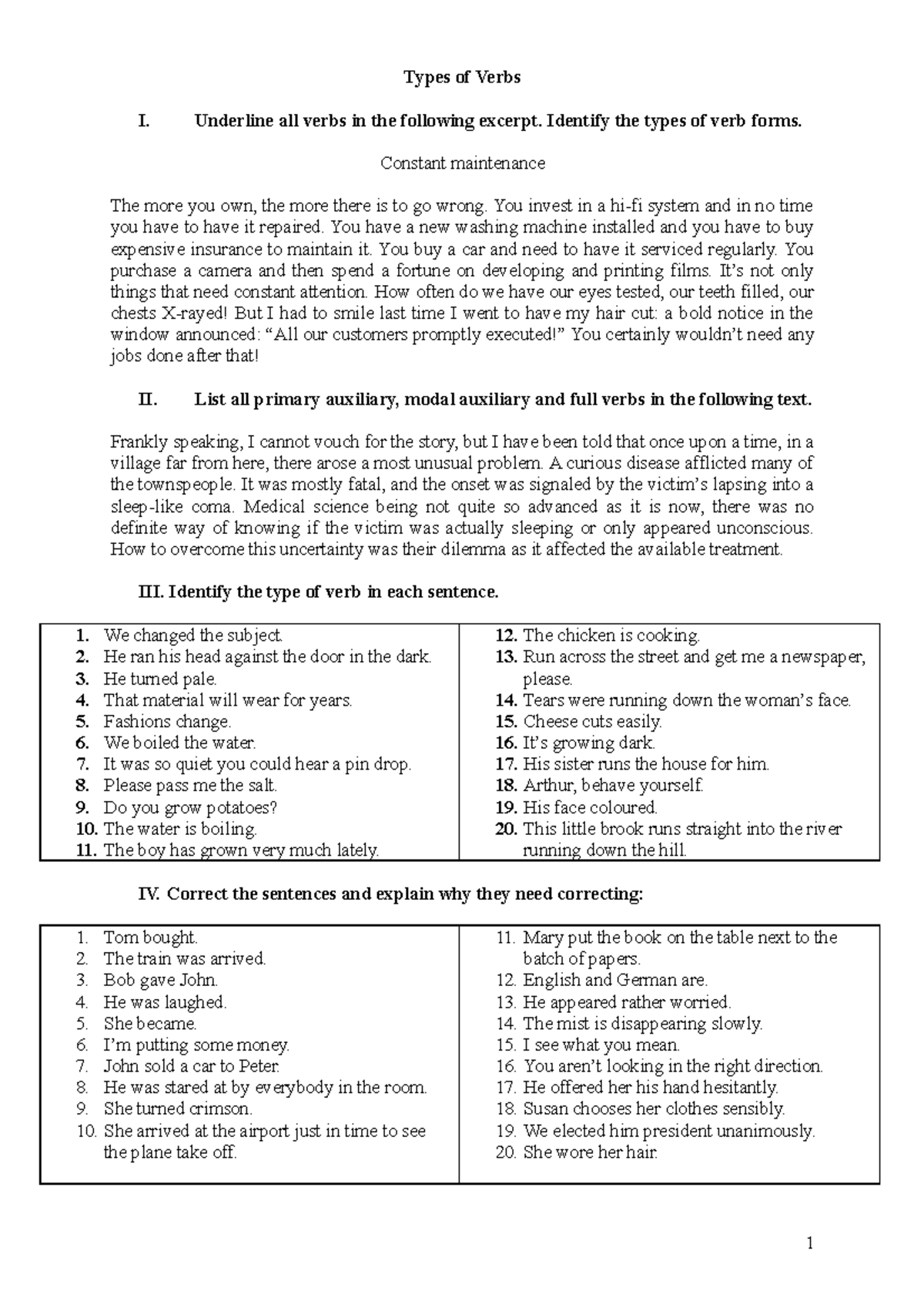 Topic 7 Part 1-Types of Verbs-2013-14 - Types of Verbs I. Underline all ...