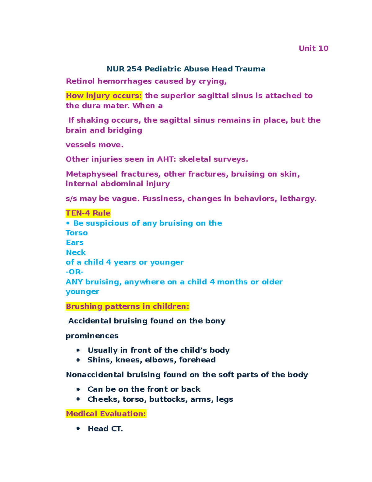 Unit 10 NUR 254 Pediatric Abuse & Head Trauma Overview - Studocu