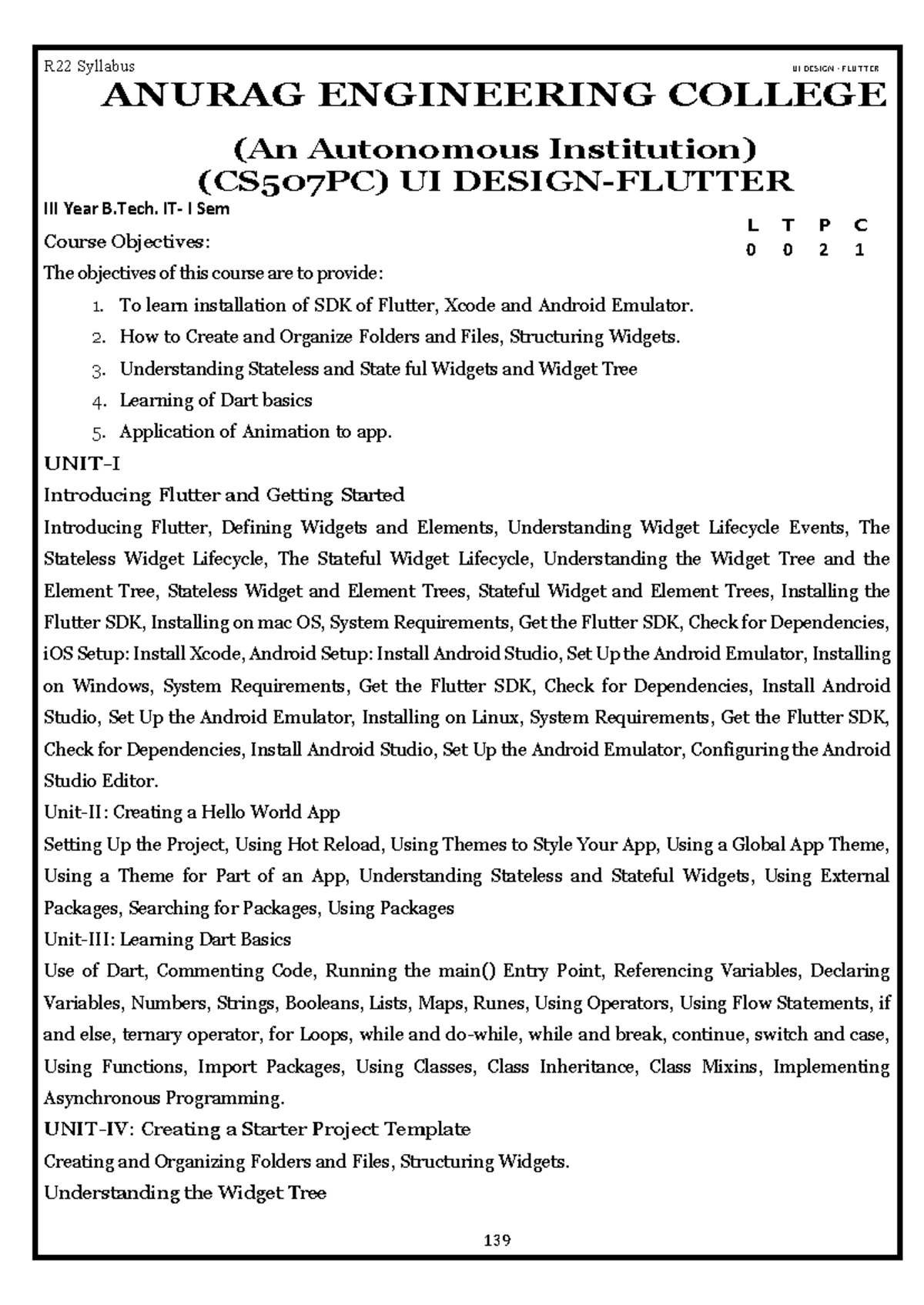 R22 Syllabus: UI Design with Flutter (CS507PC) - B.Tech I Sem - Studocu