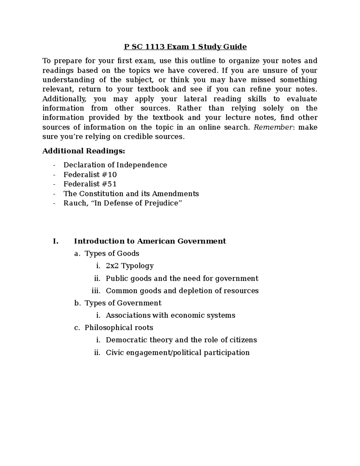 P SC 1113 Exam 1 Study Guide: Key Topics in American Gov - Studocu