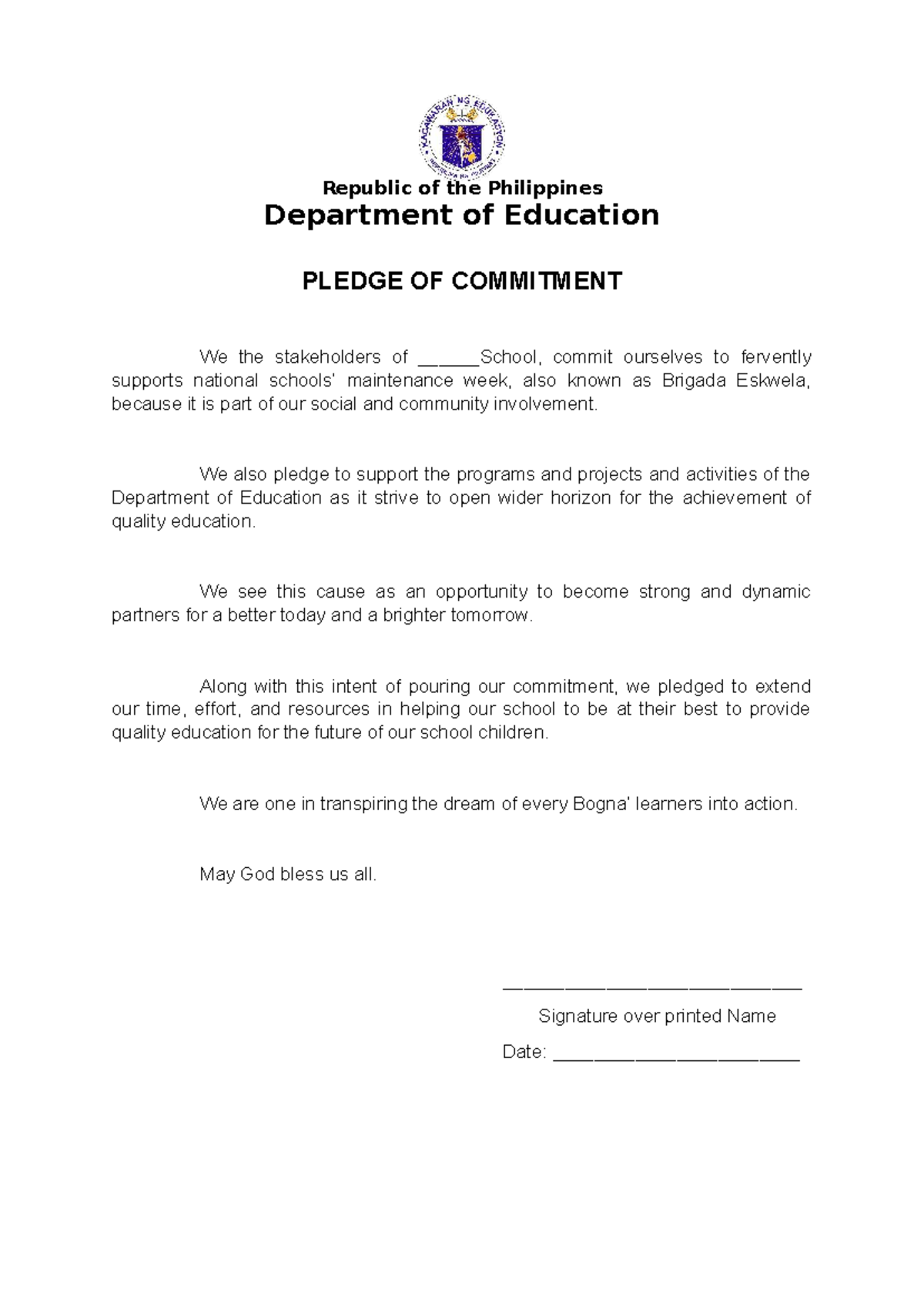 PLEDGE OF COMMITMENT for Brigada Eskwela - Philippines Education - Studocu