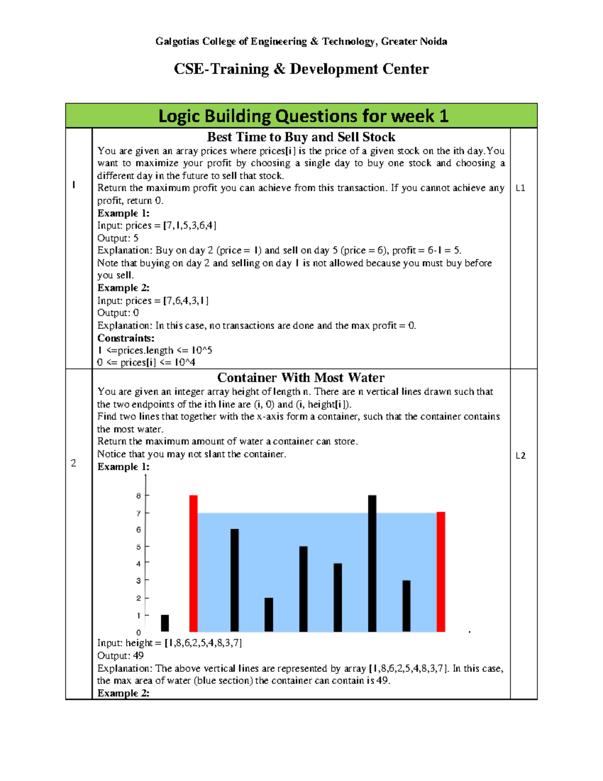 Logic Building Questions - Week 1 (CSE Training) - Studocu