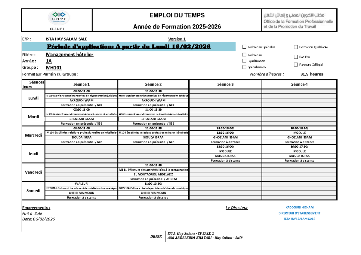 Emploi du Temps - Année de Formation CF MH101 - Version 1 - Studocu