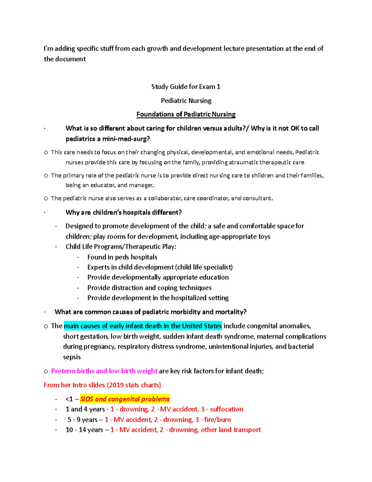 Peds exam 1 study guide - I’m adding specific stuff from each growth ...