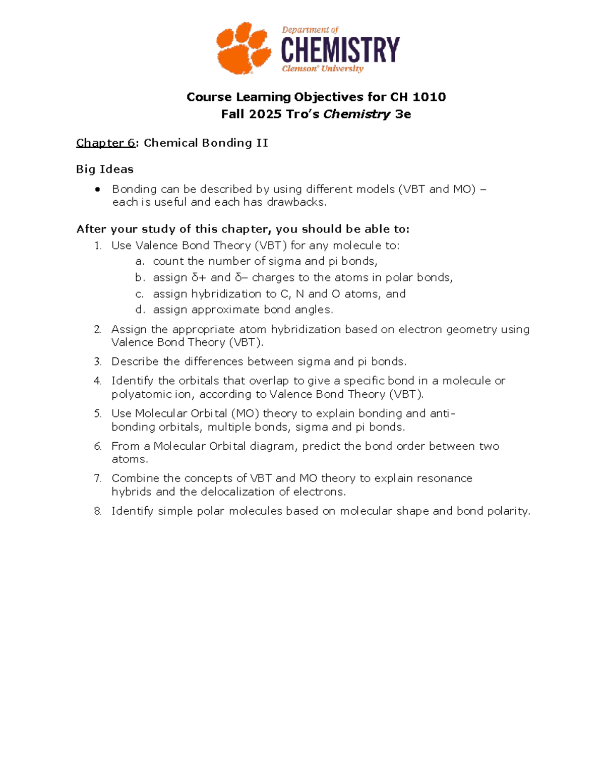 CH 1010: Chapter 6 - Chemical Bonding II Learning Objectives - Studocu
