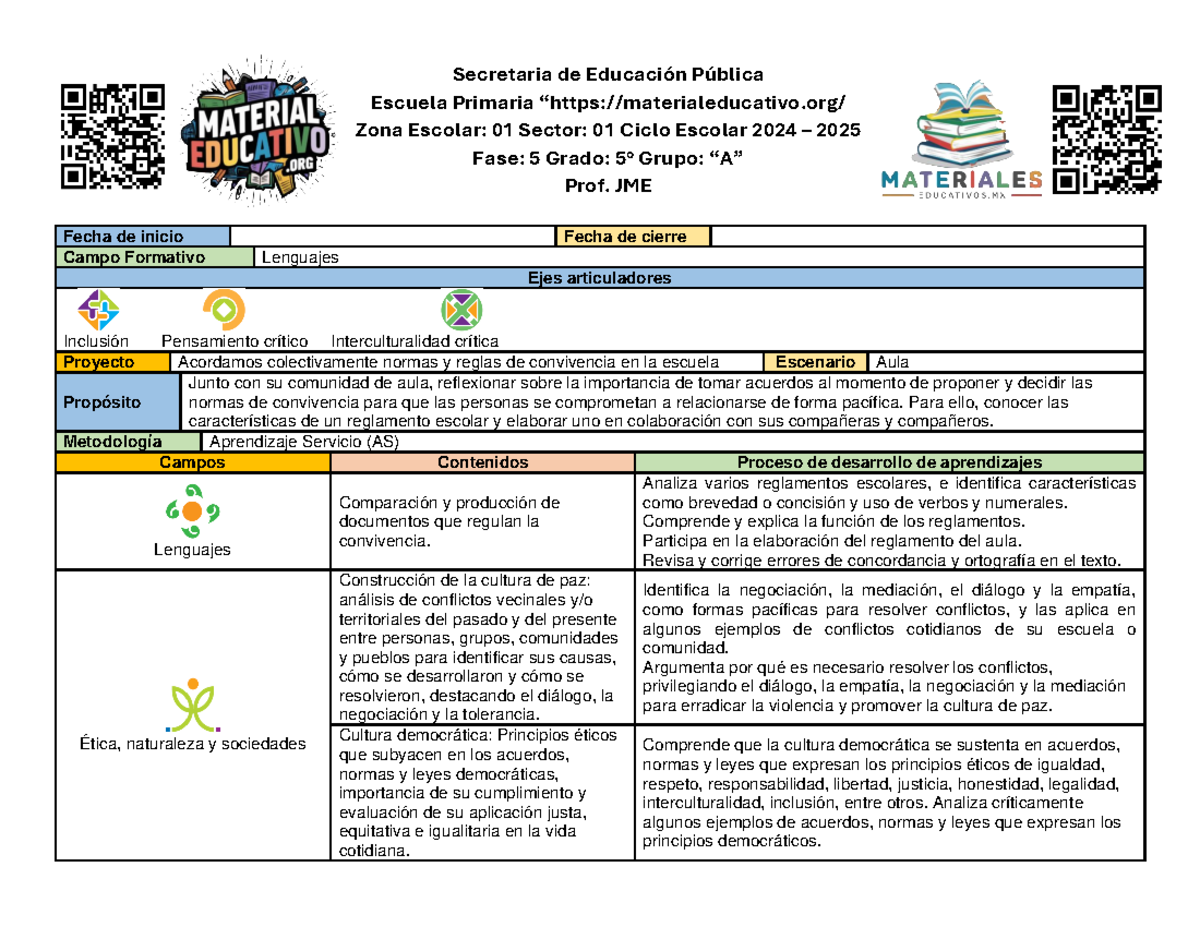 5to Grado - Proyecto: Normas y Reglas de Convivencia en el Aula - Studocu