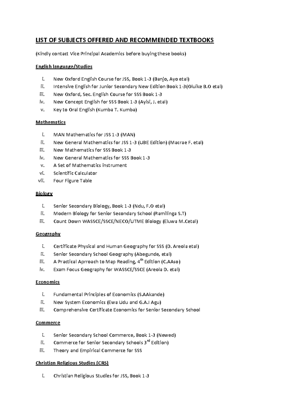 Book List for St Pauls Secondary School Kyado: Recommended Texts - Studocu