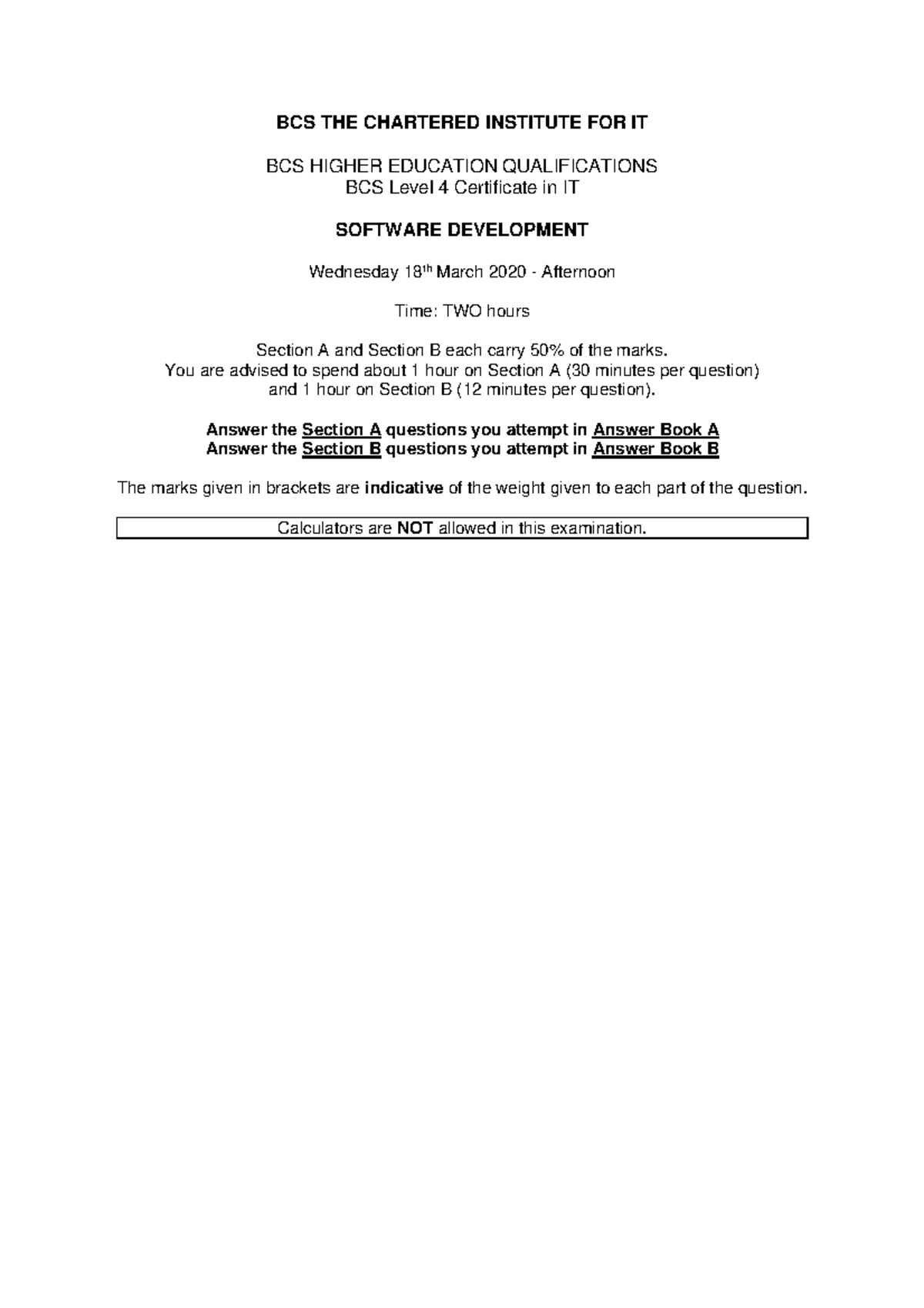 BCS Level 4 Cert IT - Software Development Final Exam Mar 2020 - Studocu
