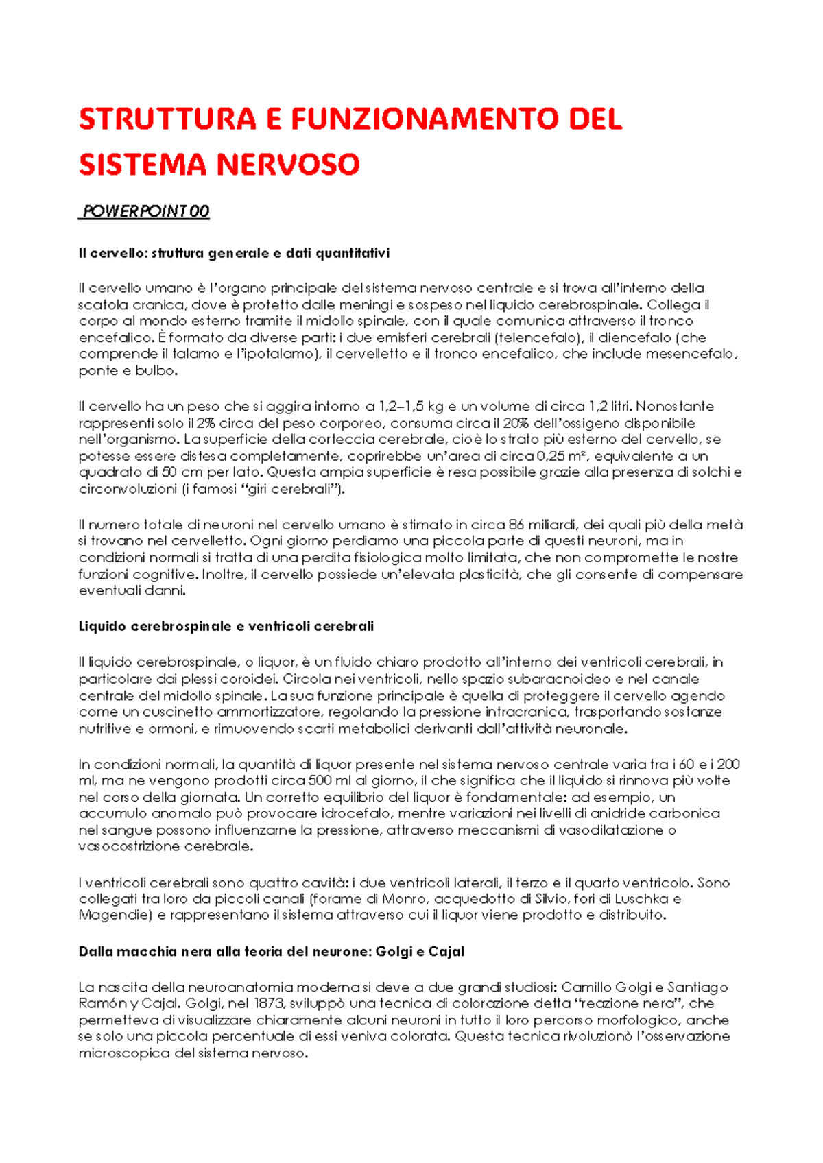 STRUTTURA E FUNZIONAMENTO DEL SISTEMA NERVOSO - POWERPOINT 00 - Studocu