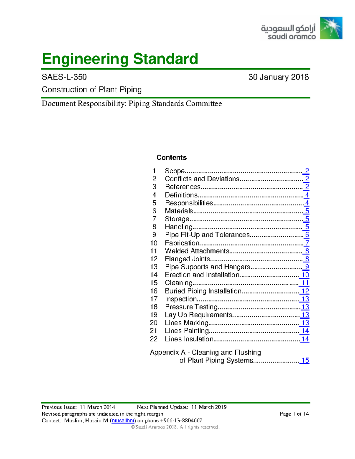 SAES-L-350: Construction Standards for Plant Piping (2018) - Studocu