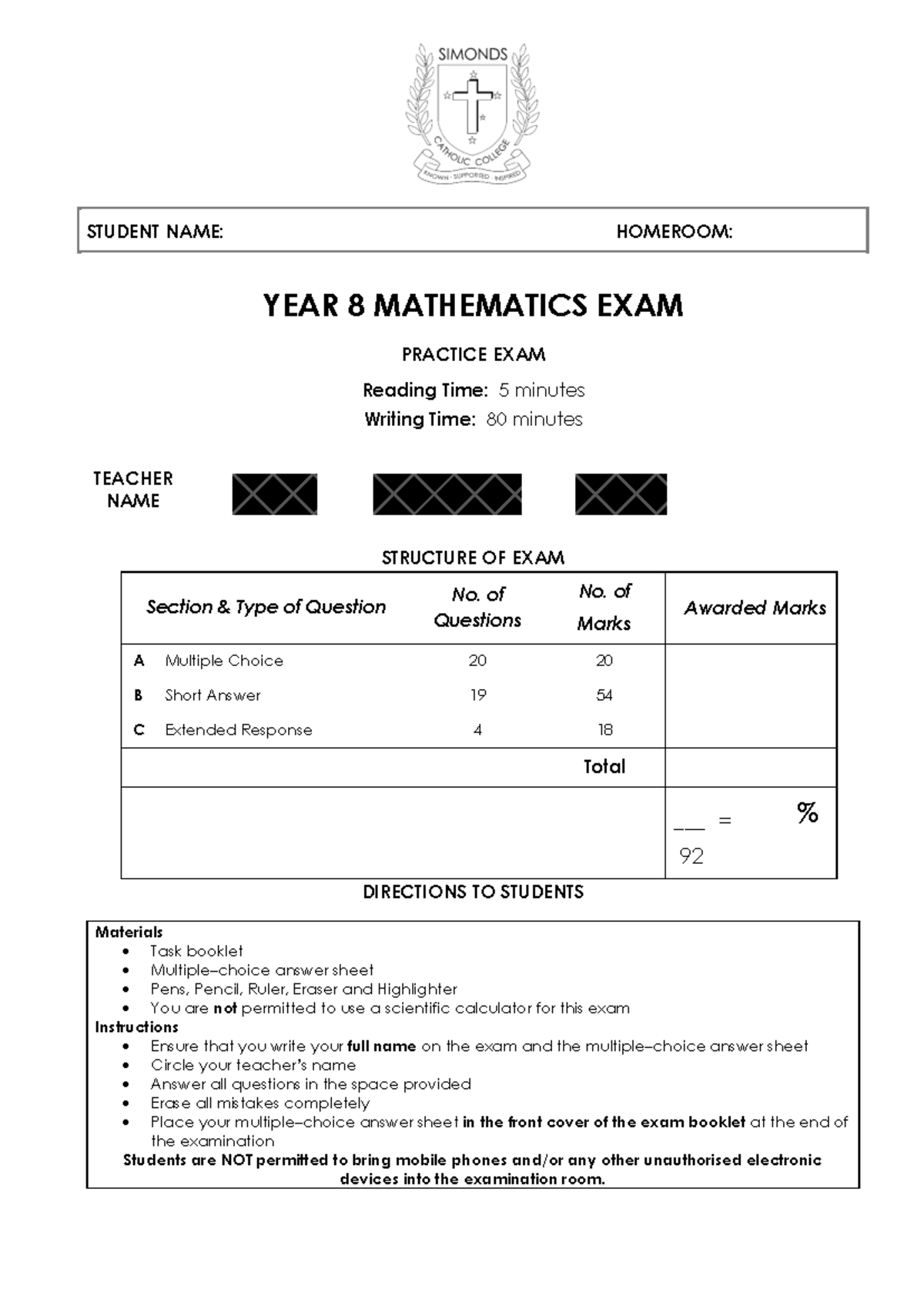 Year 8 Mathematics Exam Practice - Final Exam Preparation - Studocu
