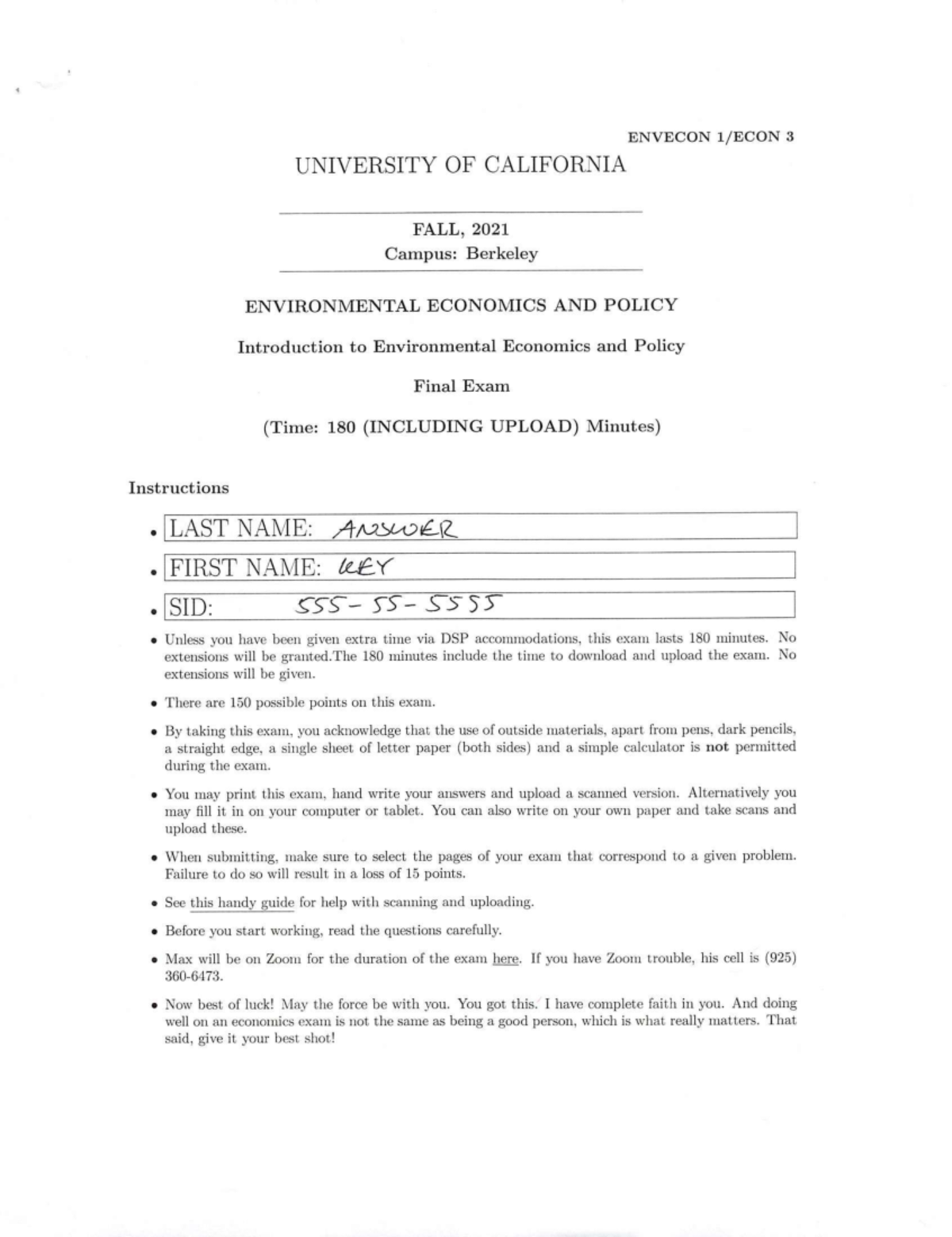 ENVIRONMENTAL ECONOMICS AND POLICY Final Exam - Fall 2021 - Studocu