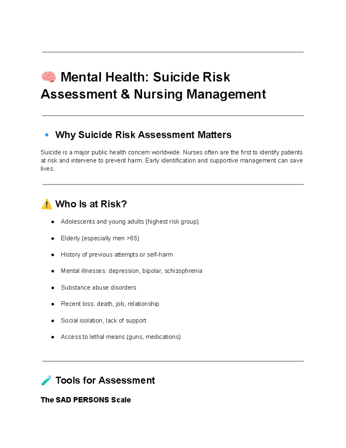 Mental Health: Suicide Risk Assessment in Nursing Management - Studocu