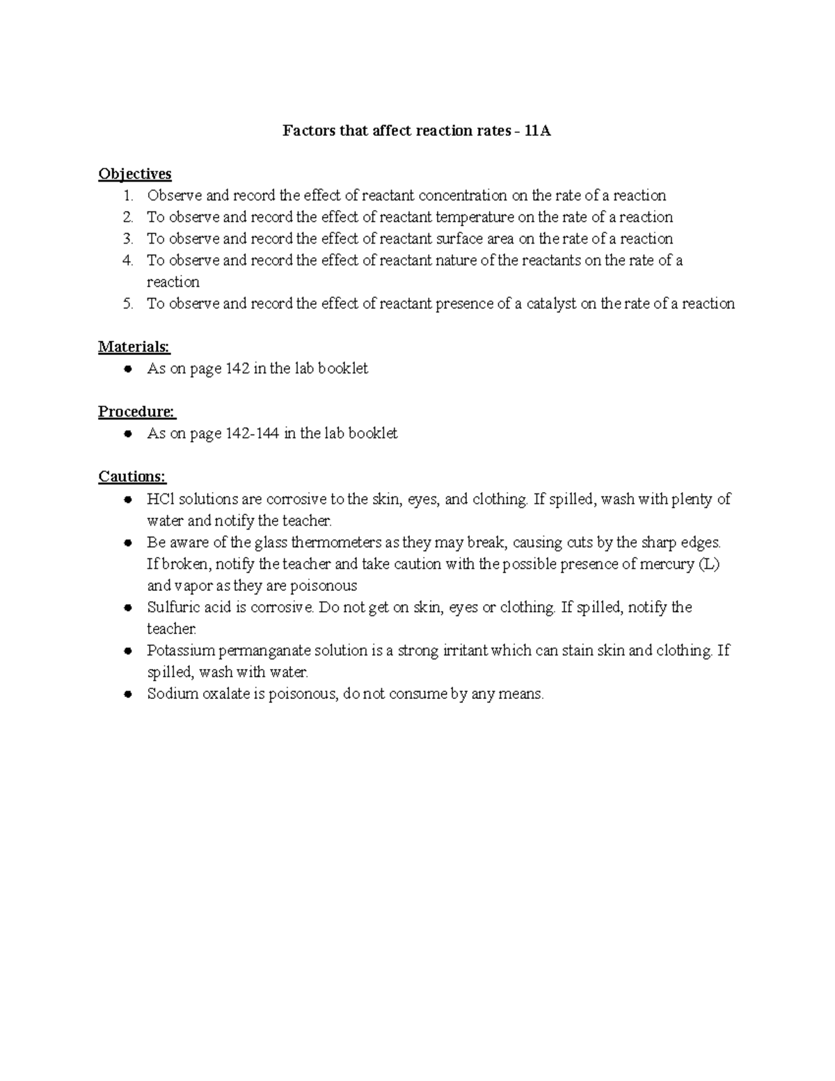 11A - Lab Report on Factors Affecting Reaction Rates - Studocu